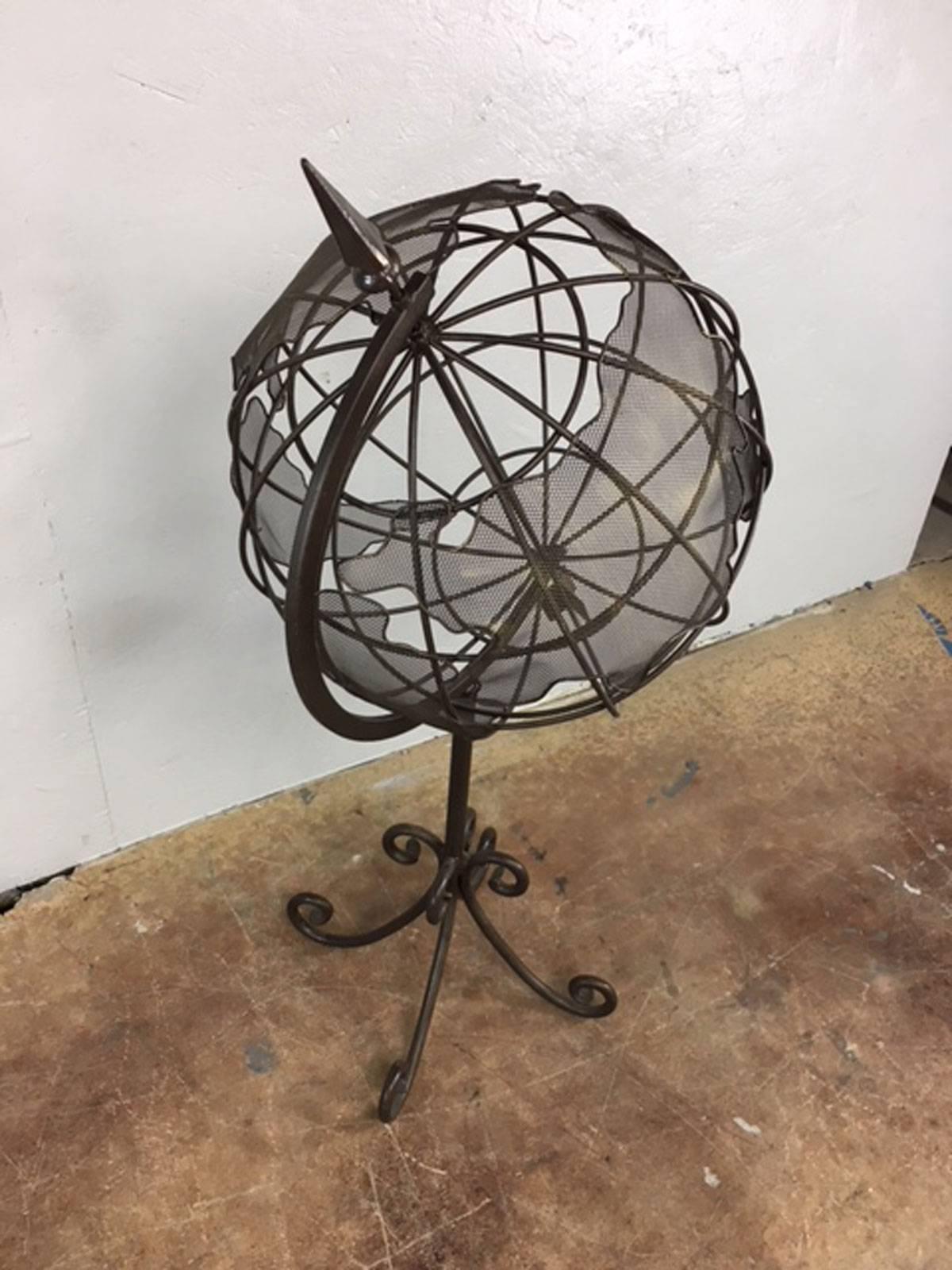 Large sculptural world globe in iron and steel. Unique. Substantial.