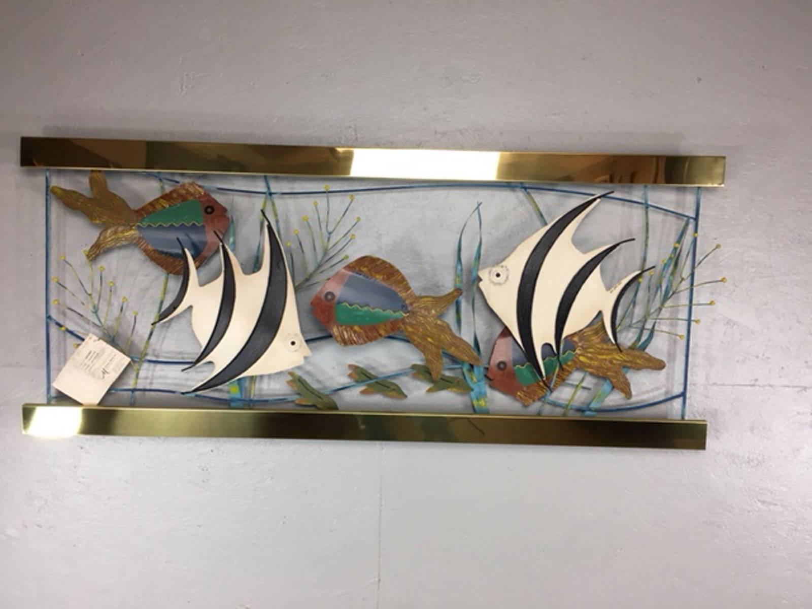 Titled aquarium and signed with original tags mixed metal tropical fish wall sculpture by Curtis Jere, 1993.