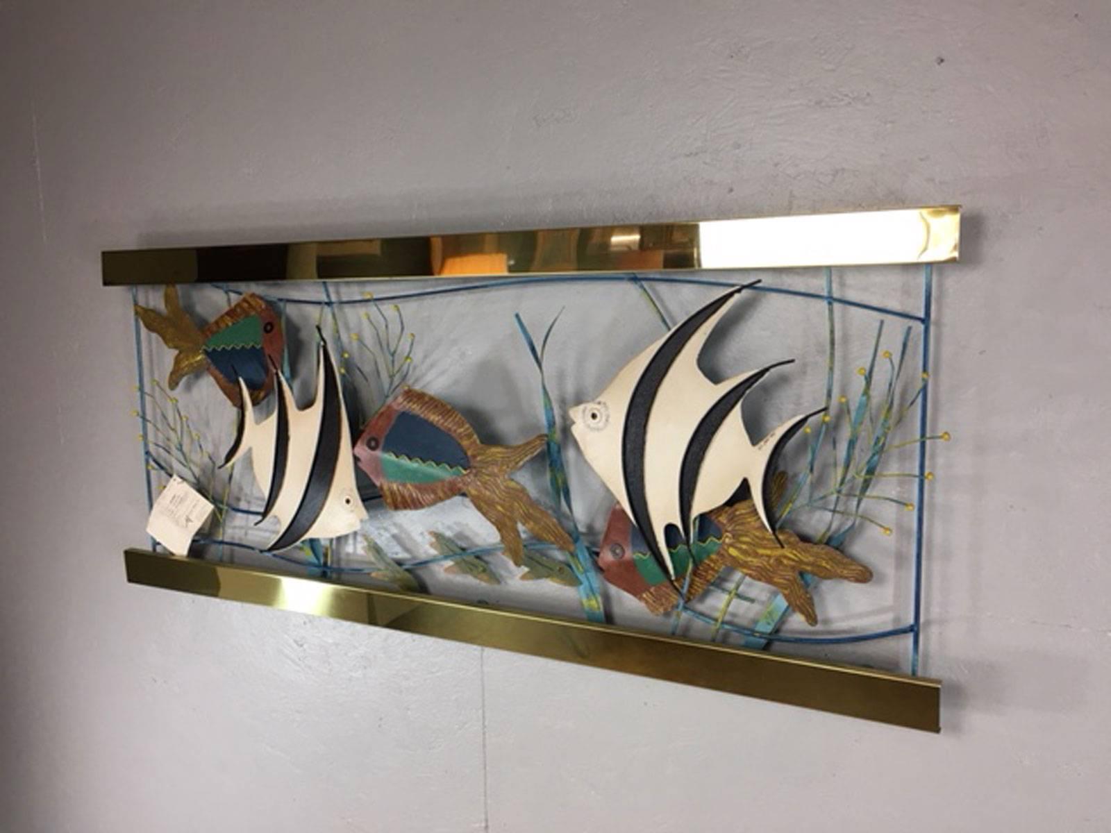 Mixed Metal Aquarium Fish Wall Sculpture by Curtis Jere In Excellent Condition For Sale In Phoenix, AZ