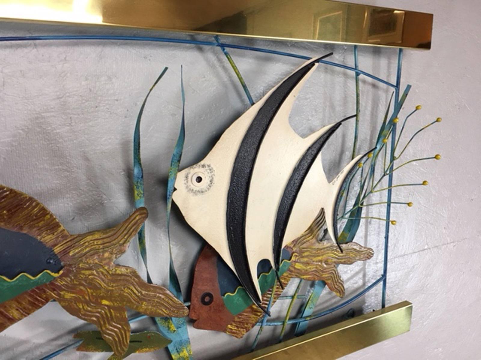Mid-Century Modern Mixed Metal Aquarium Fish Wall Sculpture by Curtis Jere For Sale