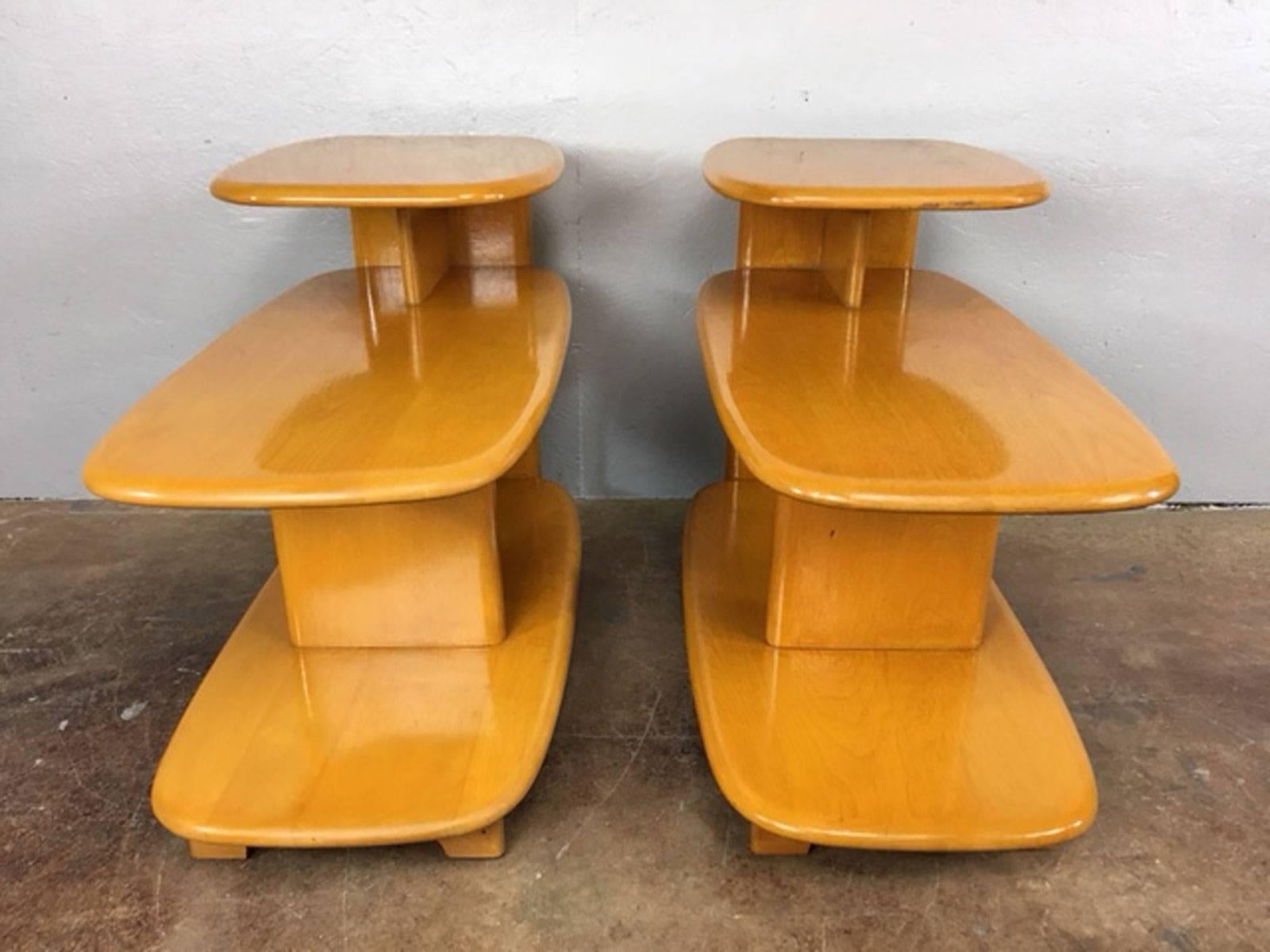 Original acquisition condition pair of Heywood Wakefiled side or end tables, circa 1950s.