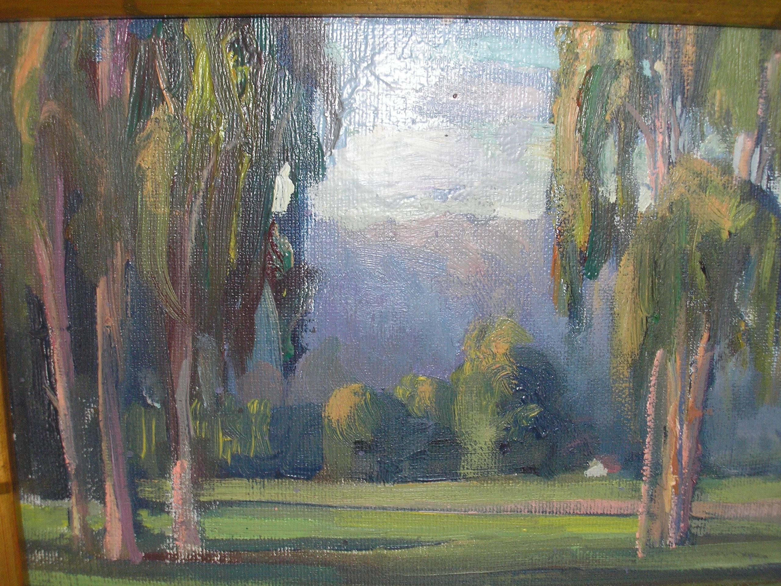 This painting is an original oil of a California Landscape by William Dorsey. Impressionistic in style, circa 1950. It measures 13.75 x 10.75 inches. Frame is rustic and in good condition.