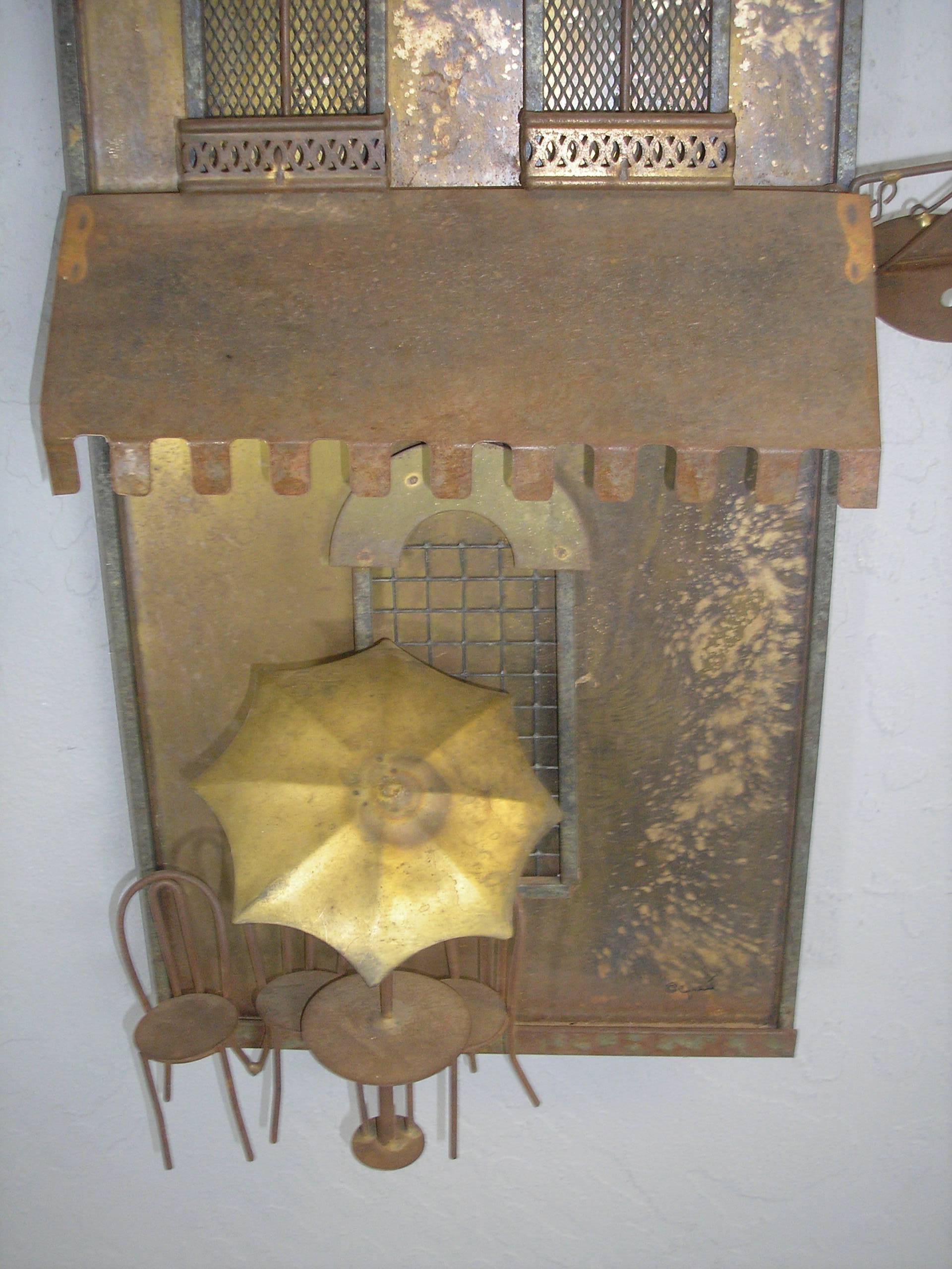 Metal wall sculpture by Curtis Jere'. French bistro scene. Signed on bottom. Not dated, circa 1970.