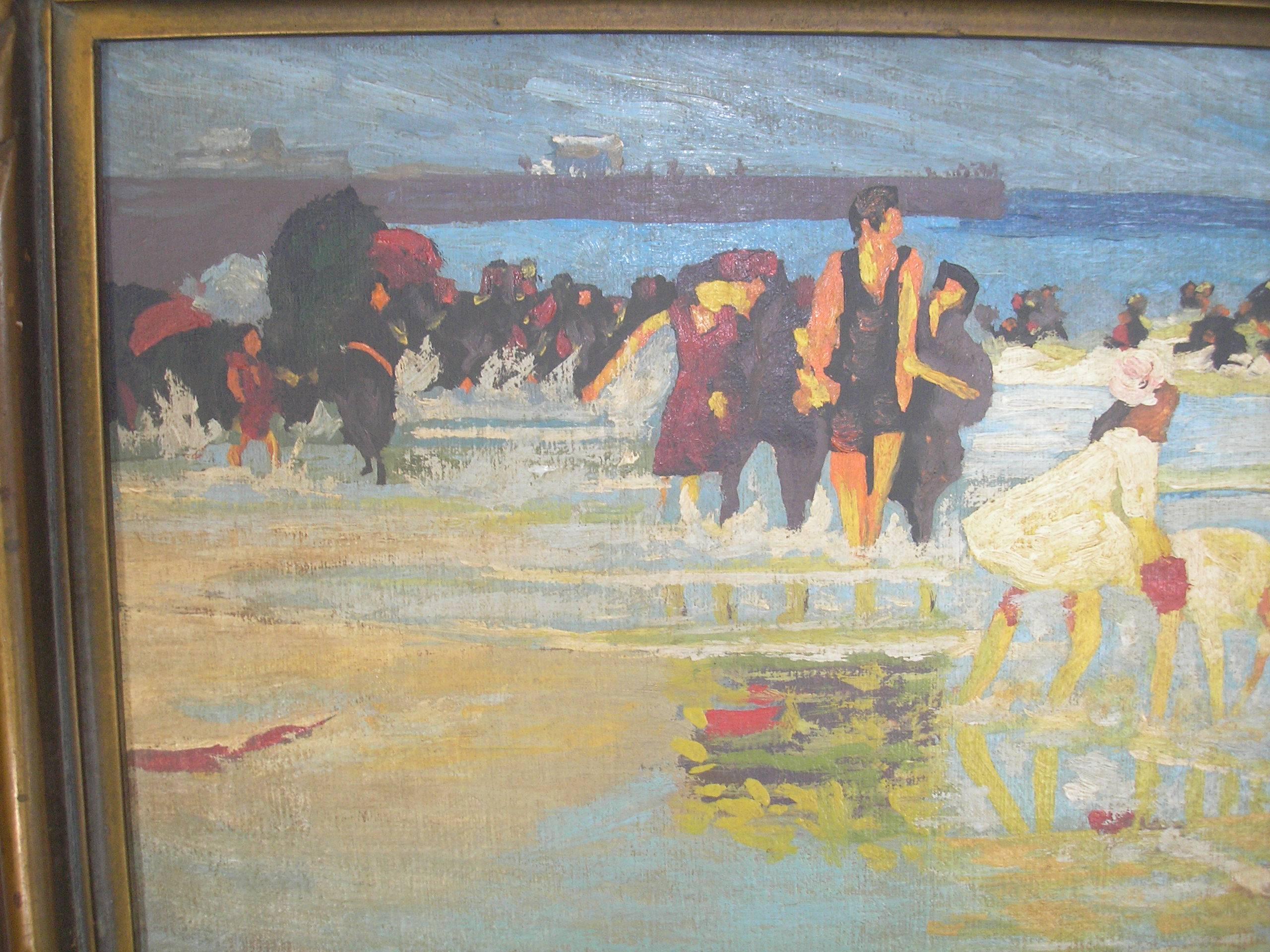 Brushed Expressionistic California Oil of Family at the Beach by B. Kahn, circa 1940 For Sale