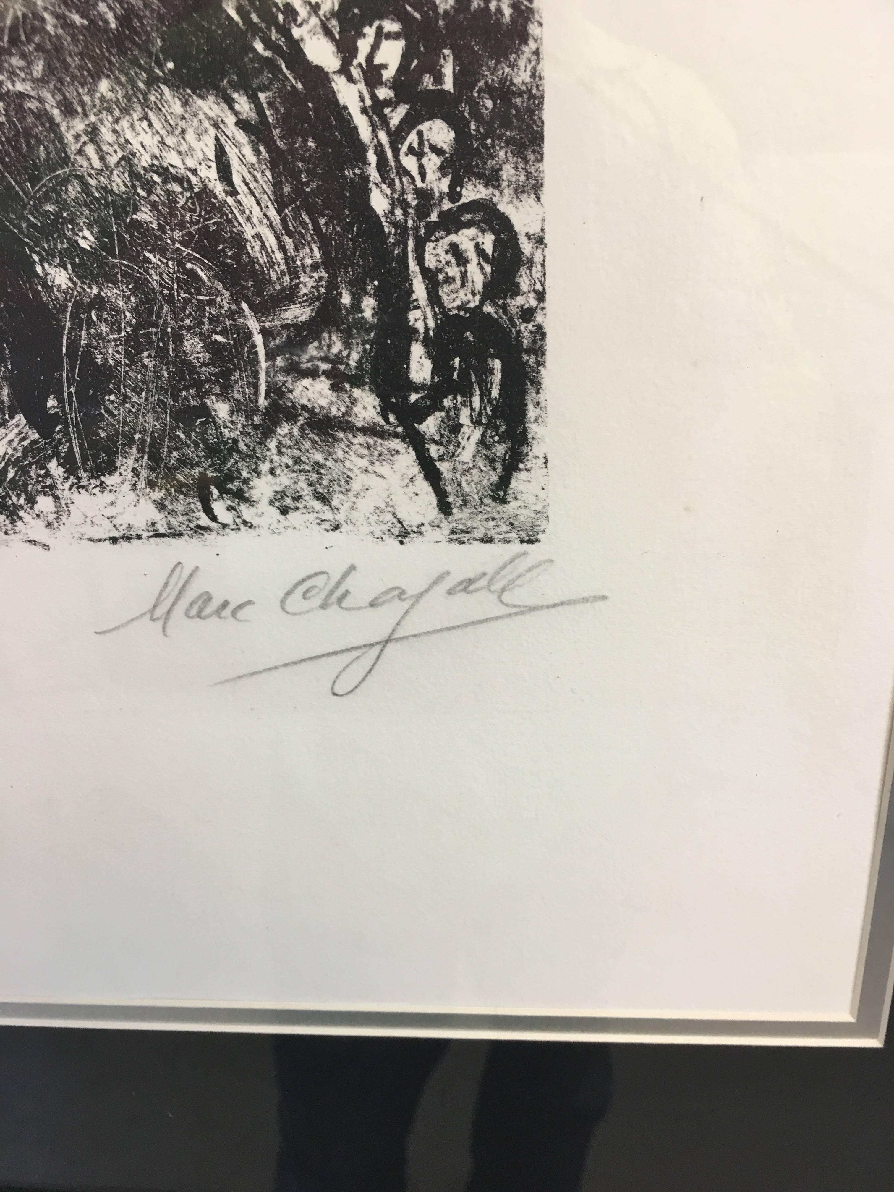 This Chagall lithograph is from a very limited edition of 30. This one is numbered in pencil bottom left hand corner 21/30. It is signed in pencil Marc Chagall in bottom right hand corner. It is titled 
