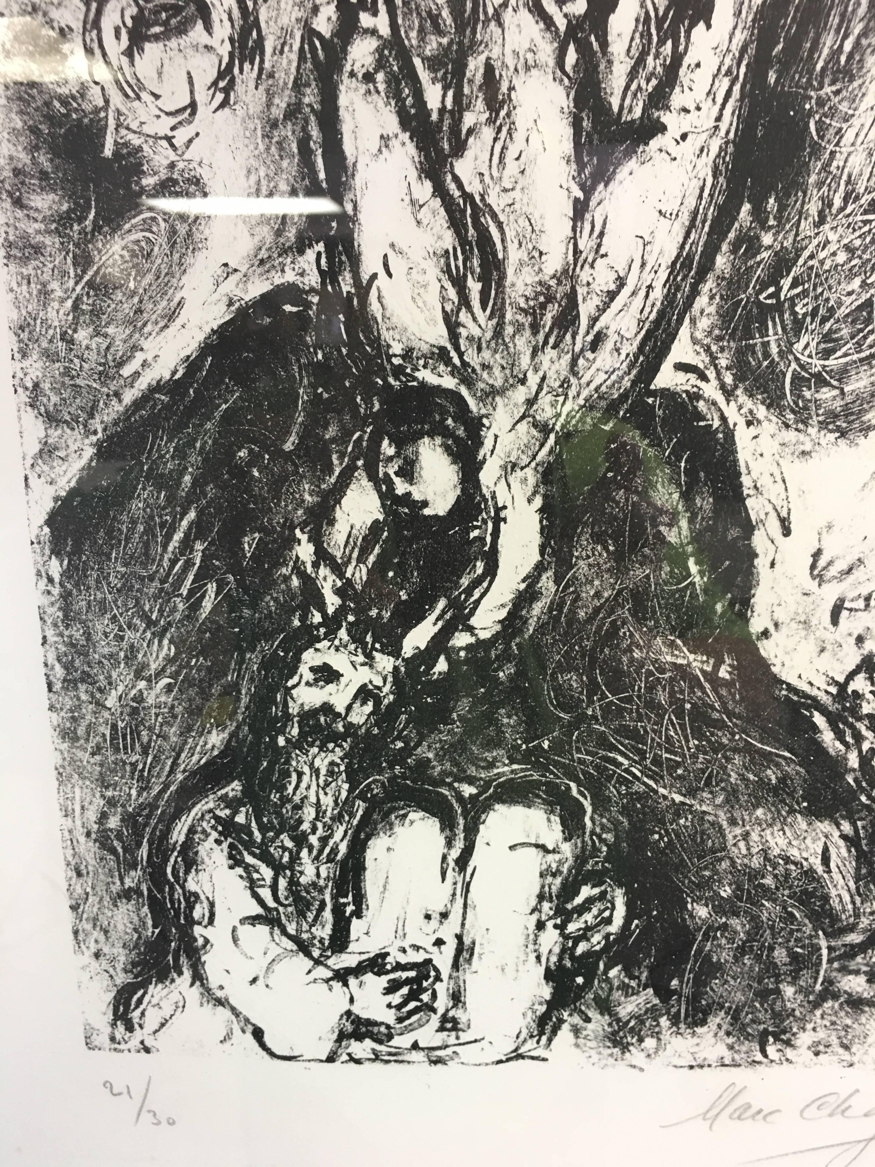 French Original Marc Chagall Lithograph on Woven Paper Titled Moses and His Angel