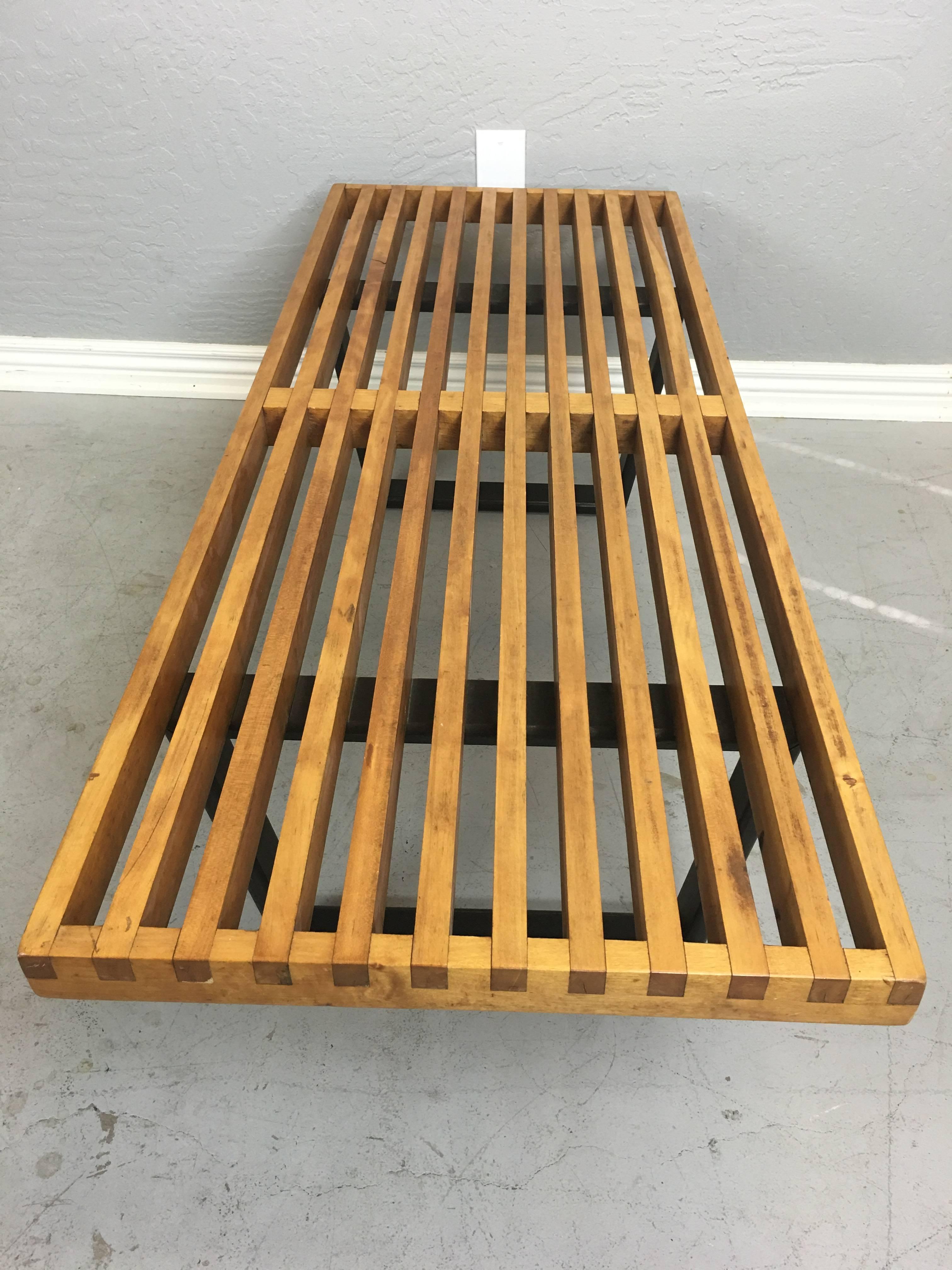 Oiled George Nelson Wood Slatted Bench, circa 1960