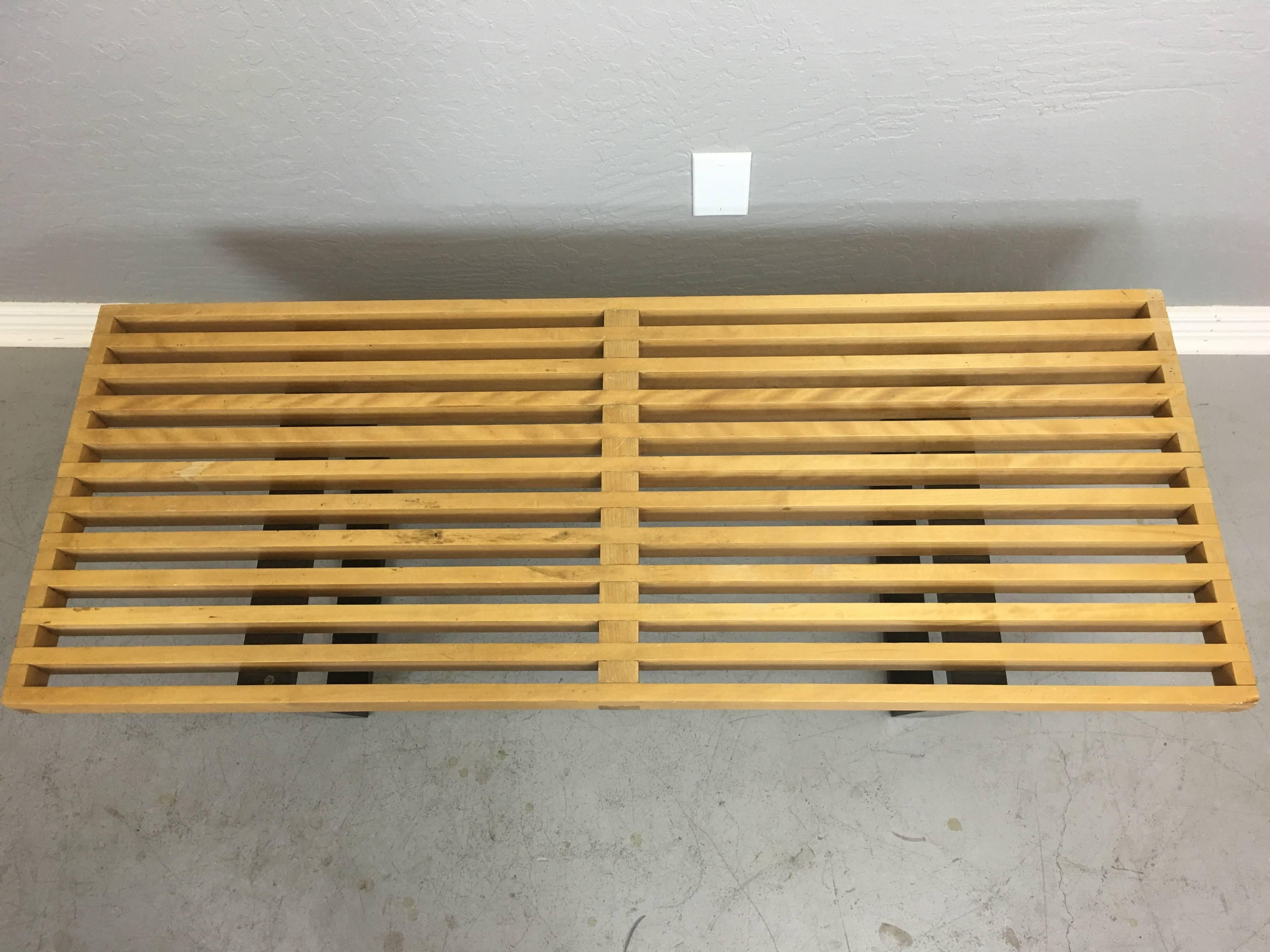 George Nelson wood slat bench for Herman Miller, circa 1970. Condition good. Minor lifewear. This bench measures 18.75