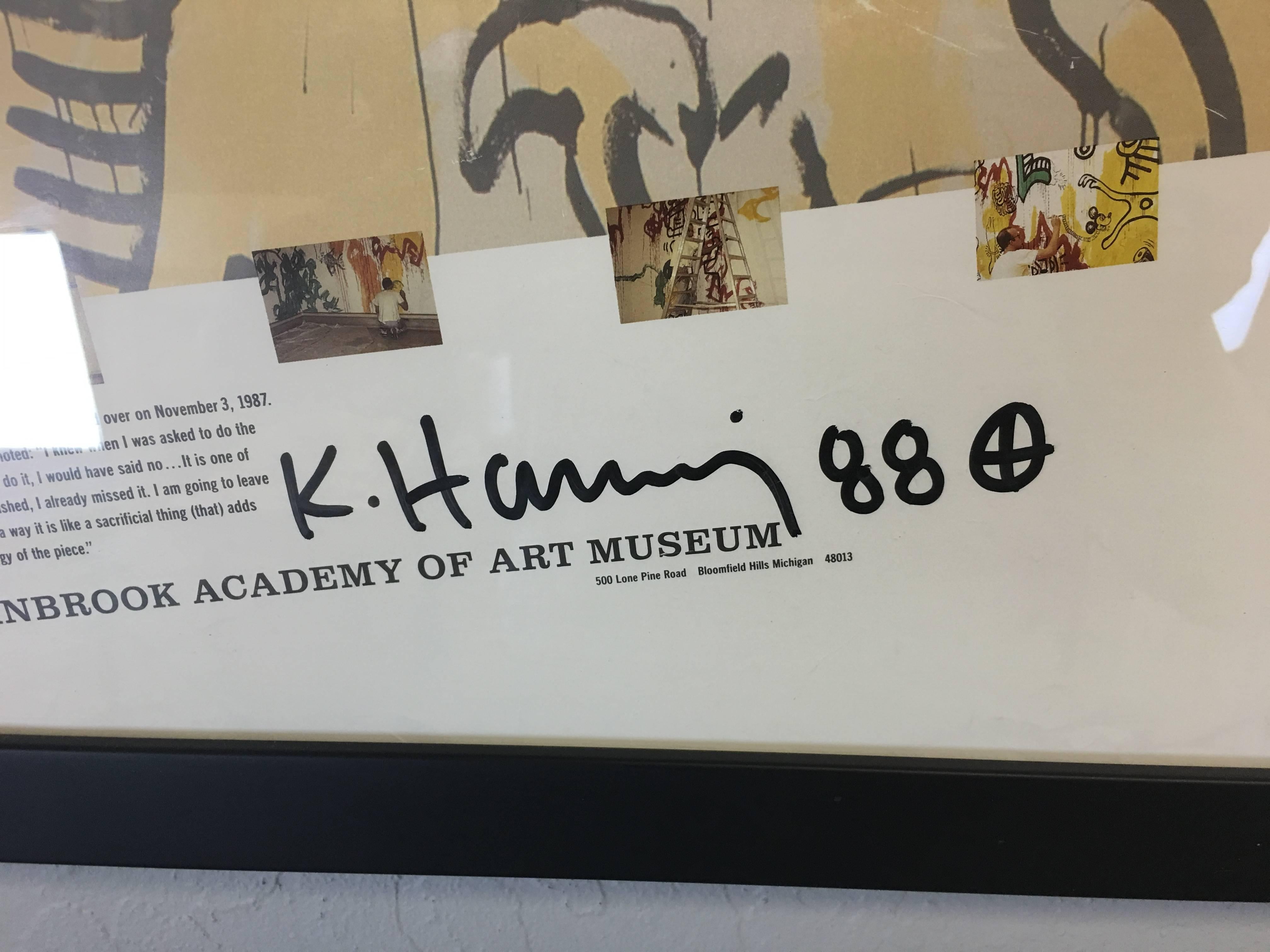 Signed Cranbrook Academy of Art Museum. Signed by Keith Haring in sharpie and dated 1988. The poster depicts the mural Haring painted on the walls of the North Gallery. Haring claimed this was his best work. It was then painted over and he knew this