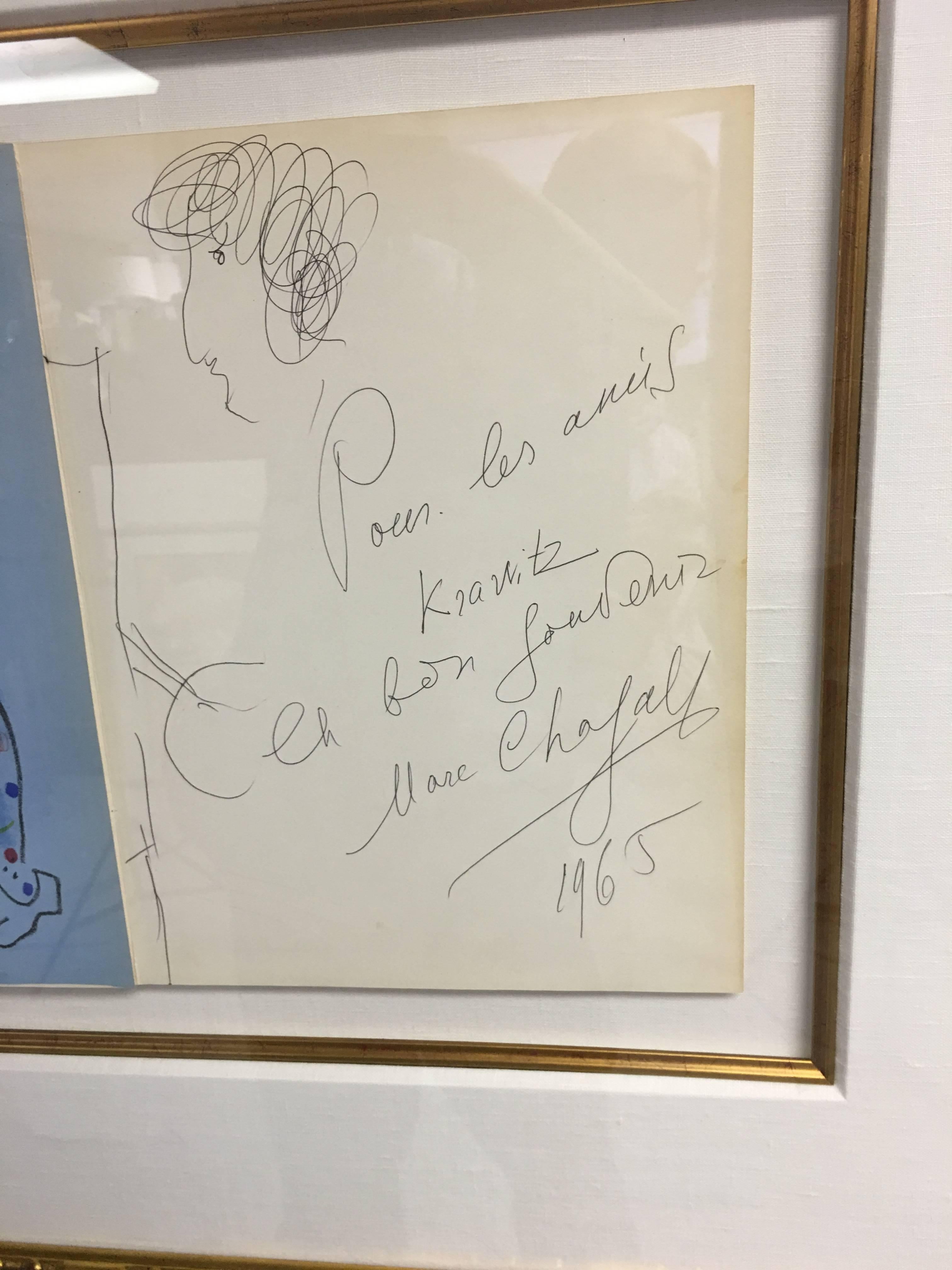 Original artwork by Marc Chagall signed and dated in pen. 1965. Original artwork is on the right and lithograph on the left. Inscription is in French and essentially say to my friends the Kravitz, Marc Chagall, 1965. The artwork on the right shows a