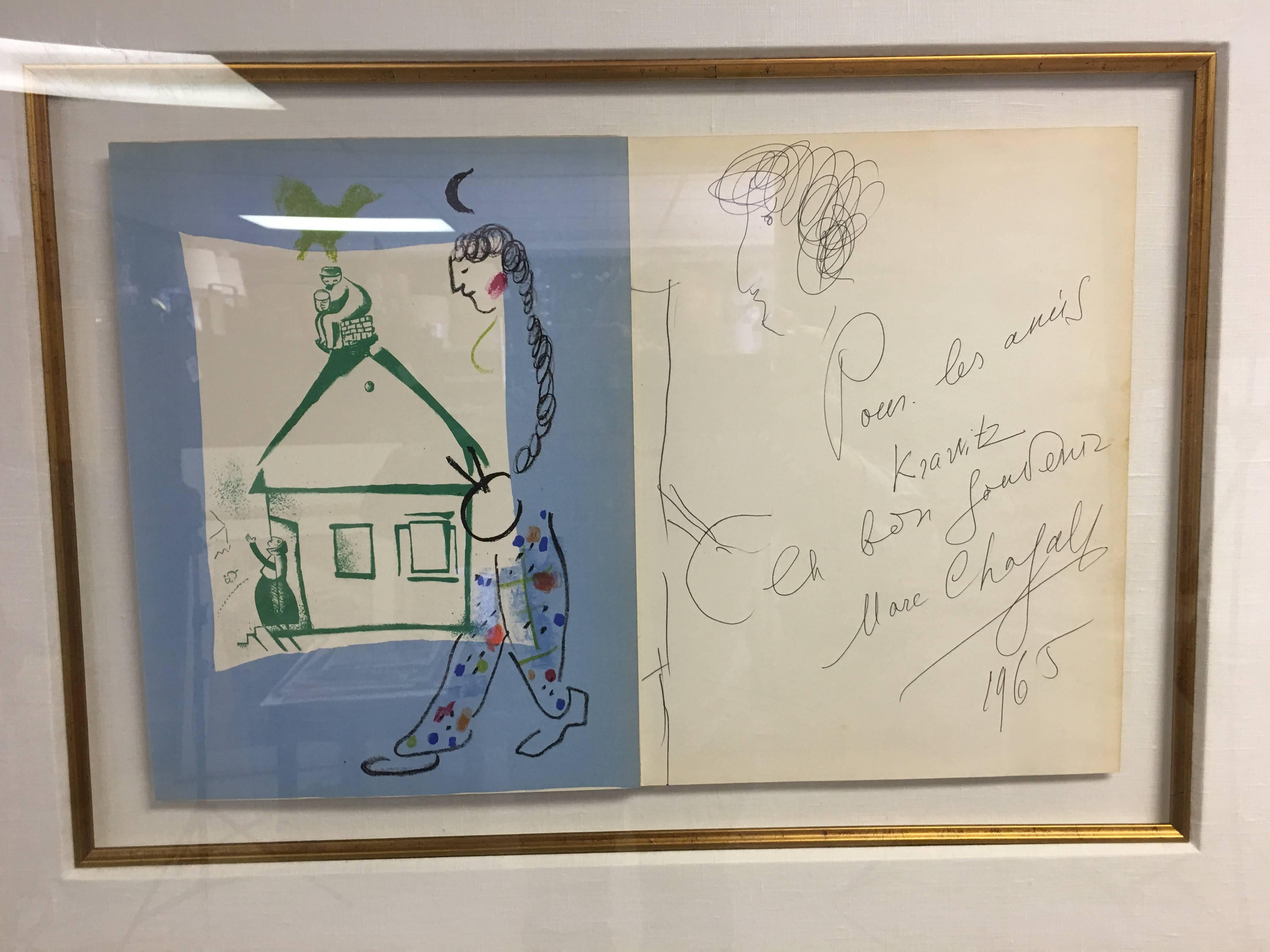 Original Marc Chagall Inscription and Artwork, 1965 In Excellent Condition In Phoenix, AZ