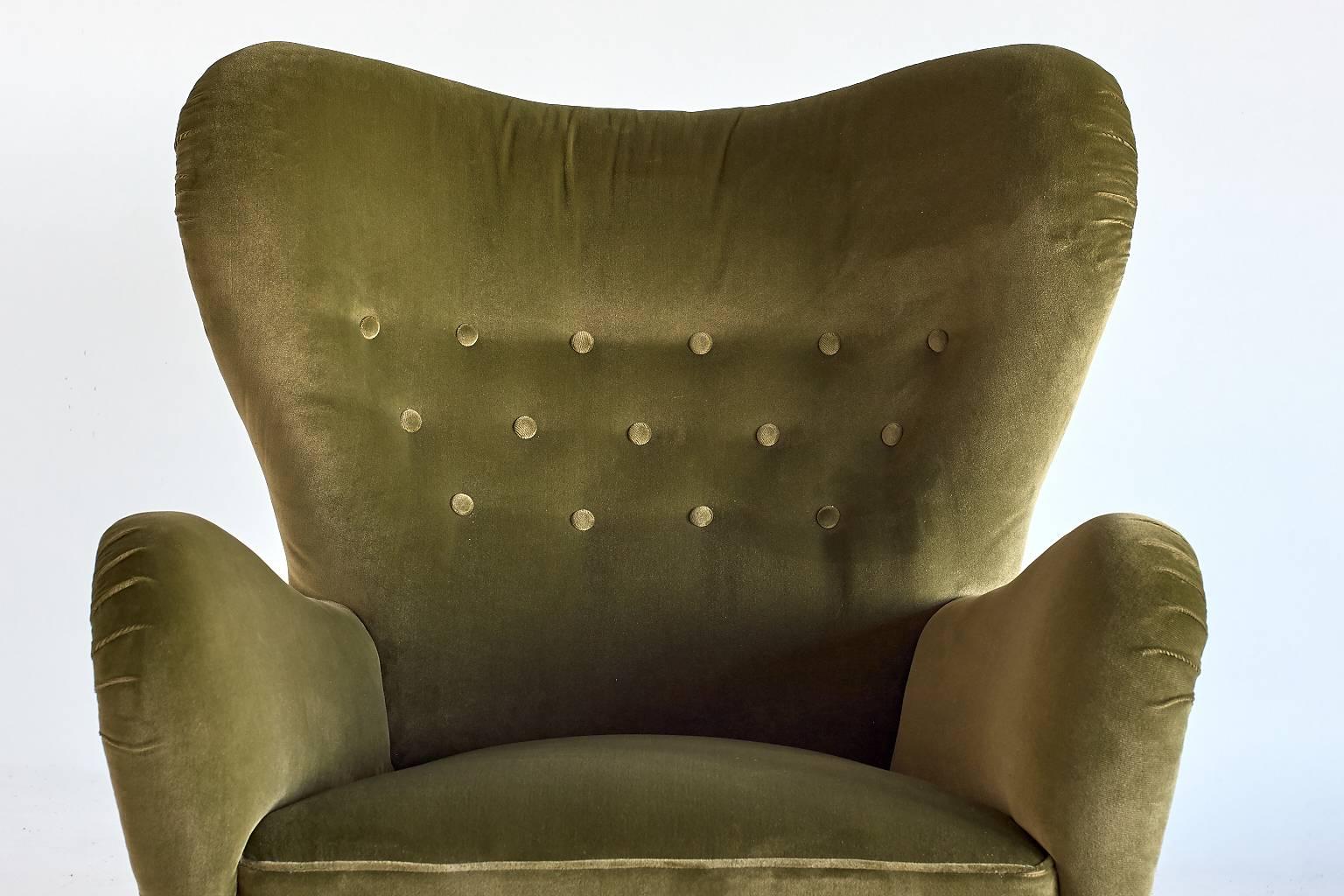 Velvet Wingback Lounge Chair by Otto Schultz for Boet, Sweden, 1946