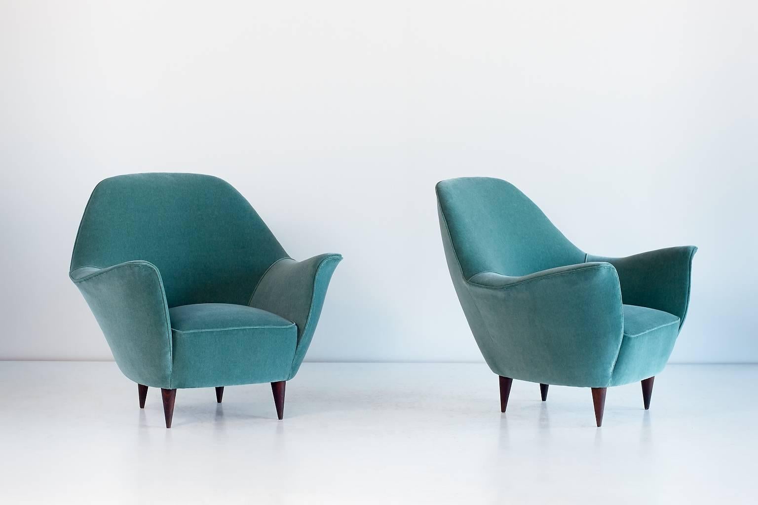 Italian Pair of Ico Parisi Armchairs in Green Dedar Velvet