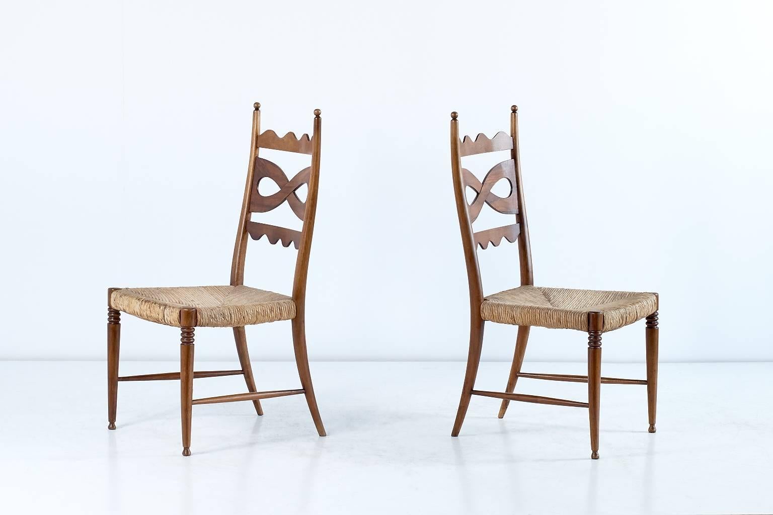 Italian Paolo Buffa Pair of Walnut and Rush High-Back Chairs, Italy, 1940s