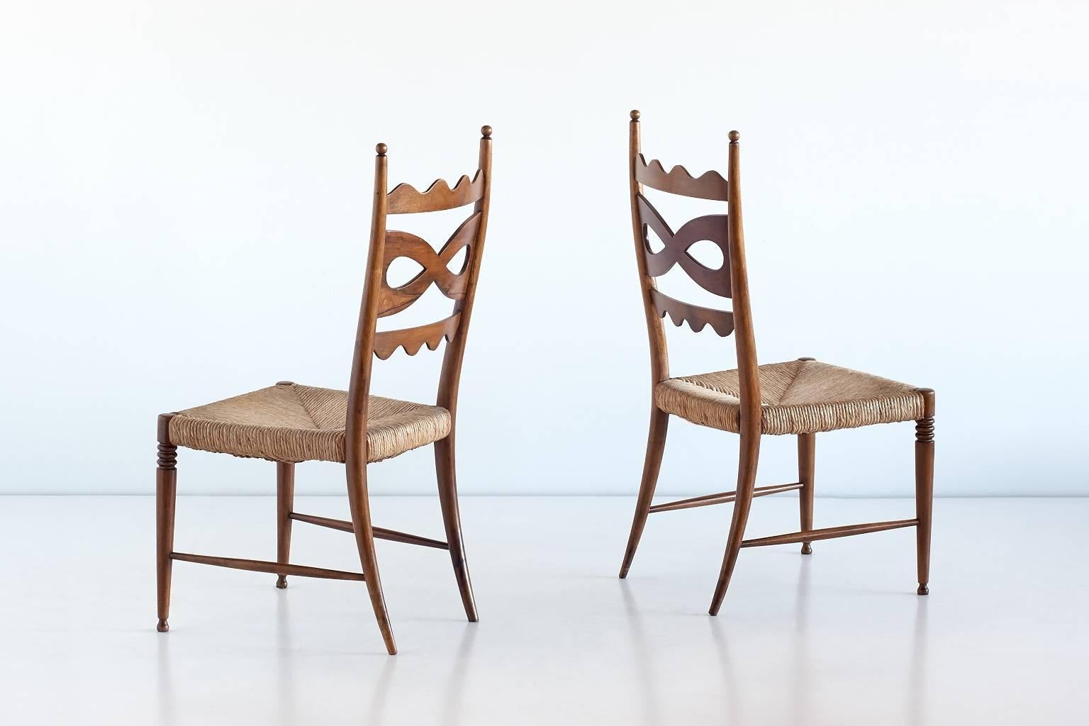 Modern Paolo Buffa Pair of Walnut and Rush High-Back Chairs, Italy, 1940s