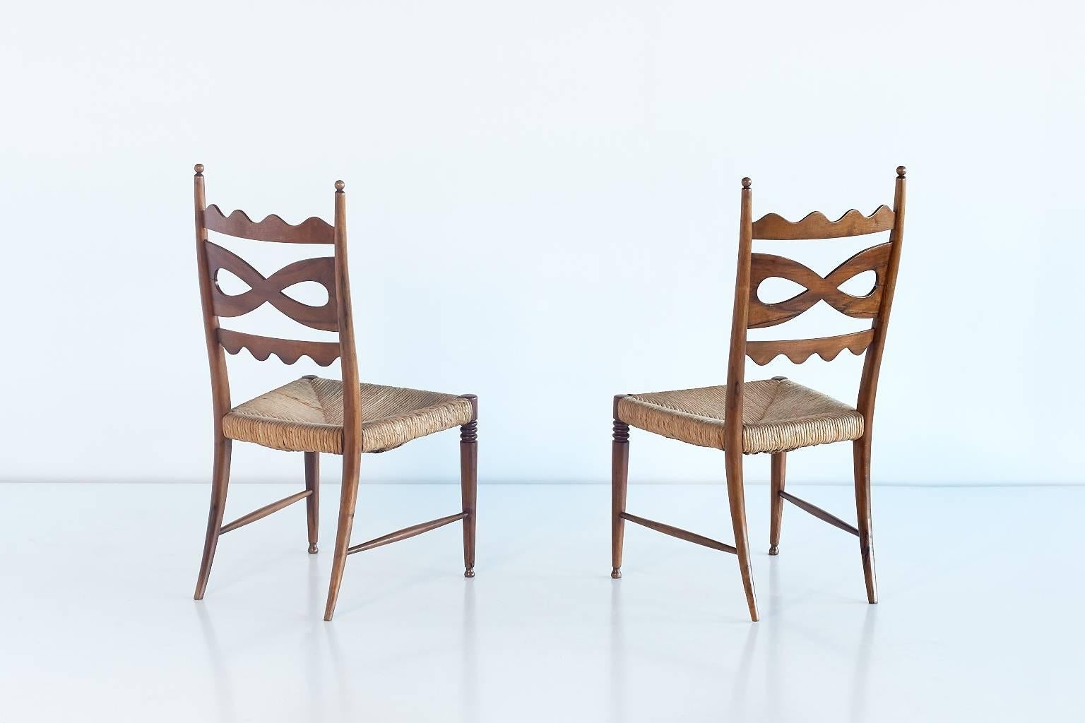 Carved Paolo Buffa Pair of Walnut and Rush High-Back Chairs, Italy, 1940s