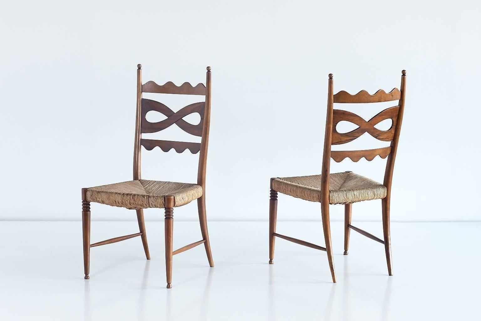Paolo Buffa Pair of Walnut and Rush High-Back Chairs, Italy, 1940s In Excellent Condition In The Hague, NL