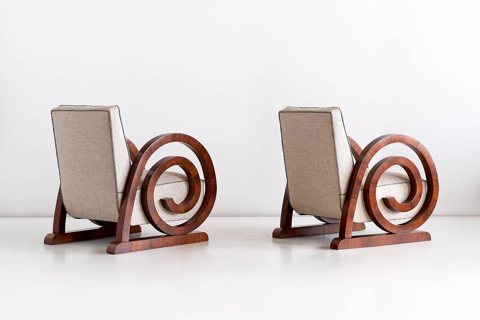 Fabric Pair of Art Deco Armchairs in Walnut, France, 1930s