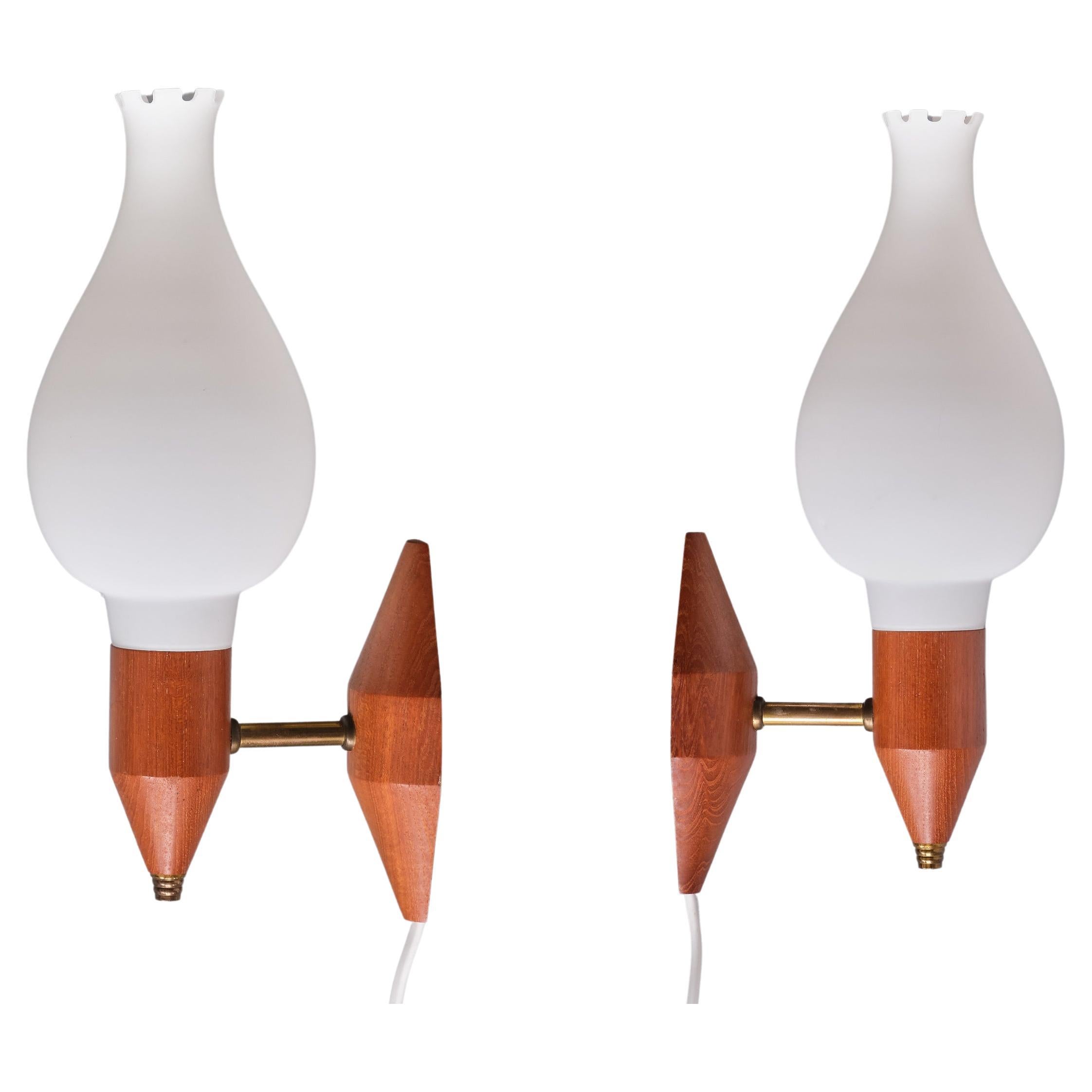 Swedish Modern Wall Lamps in Teak Wood, Brass and Opaline Glass, Sweden, 1950s For Sale