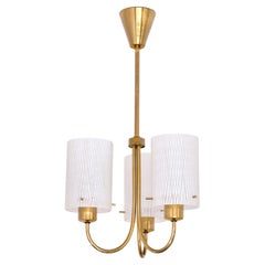Swedish Modern Three Arm Pendant Light with Etched Glass Shades, 1950s