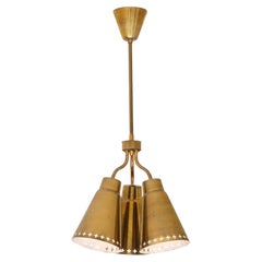 Einar Backström Three-Arm Brass Pendant with Perforated Shades, Sweden, 1950s