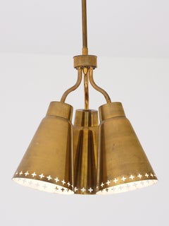 Einar Backström Three-Arm Brass Pendant with Perforated Shades, Sweden, 1950s