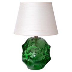 Börne Augustsson Green Glass Table Lamp with Silk Shade, Åseda, Sweden, 1940s