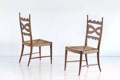 Paolo Buffa Set of Six Walnut and Rush Dining Chairs, Italy, 1940s