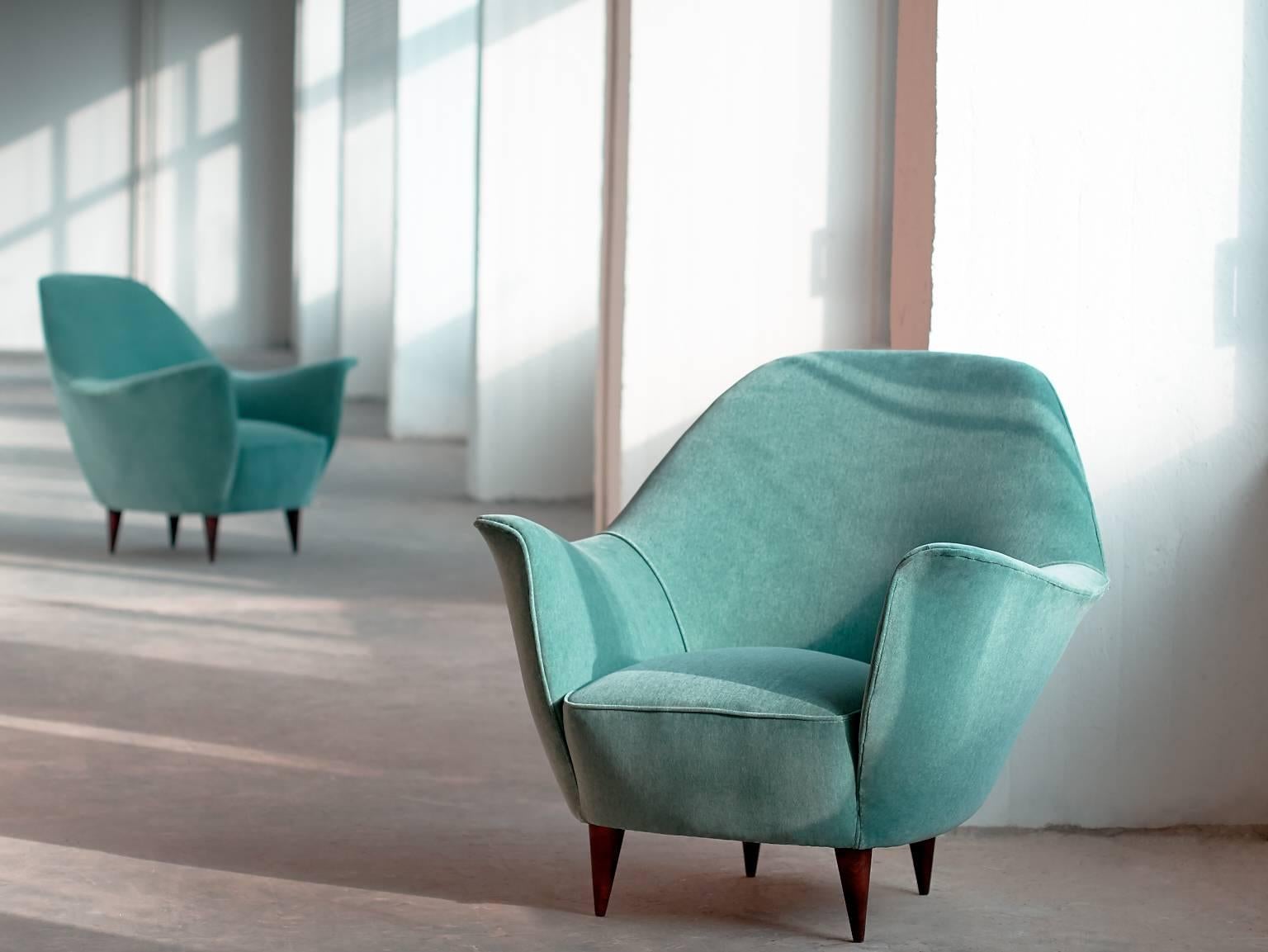 Pair of Ico Parisi Armchairs in Green Dedar Velvet 3