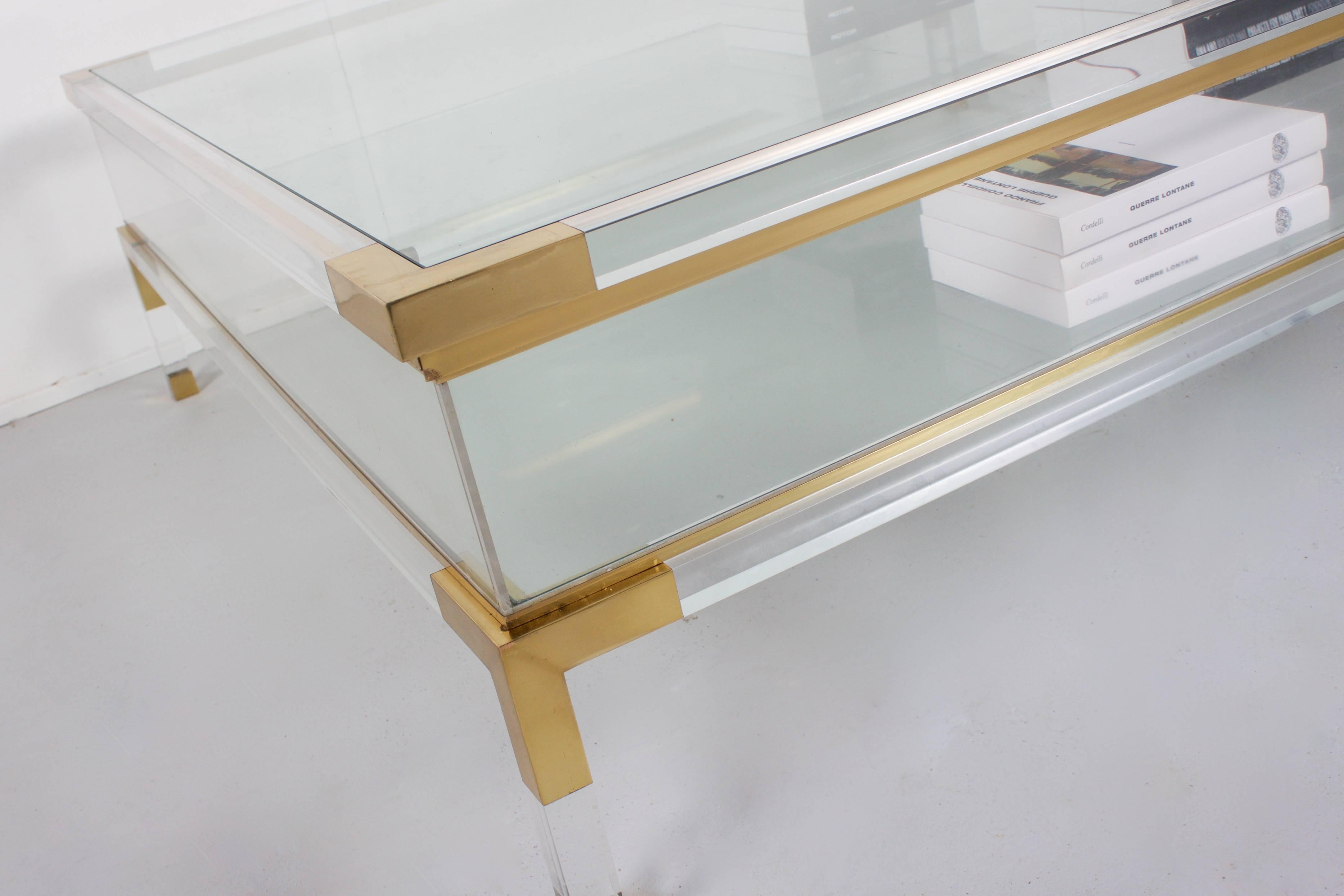French Large Maison Jansen Lucite and Brass Vitrine Coffee Table