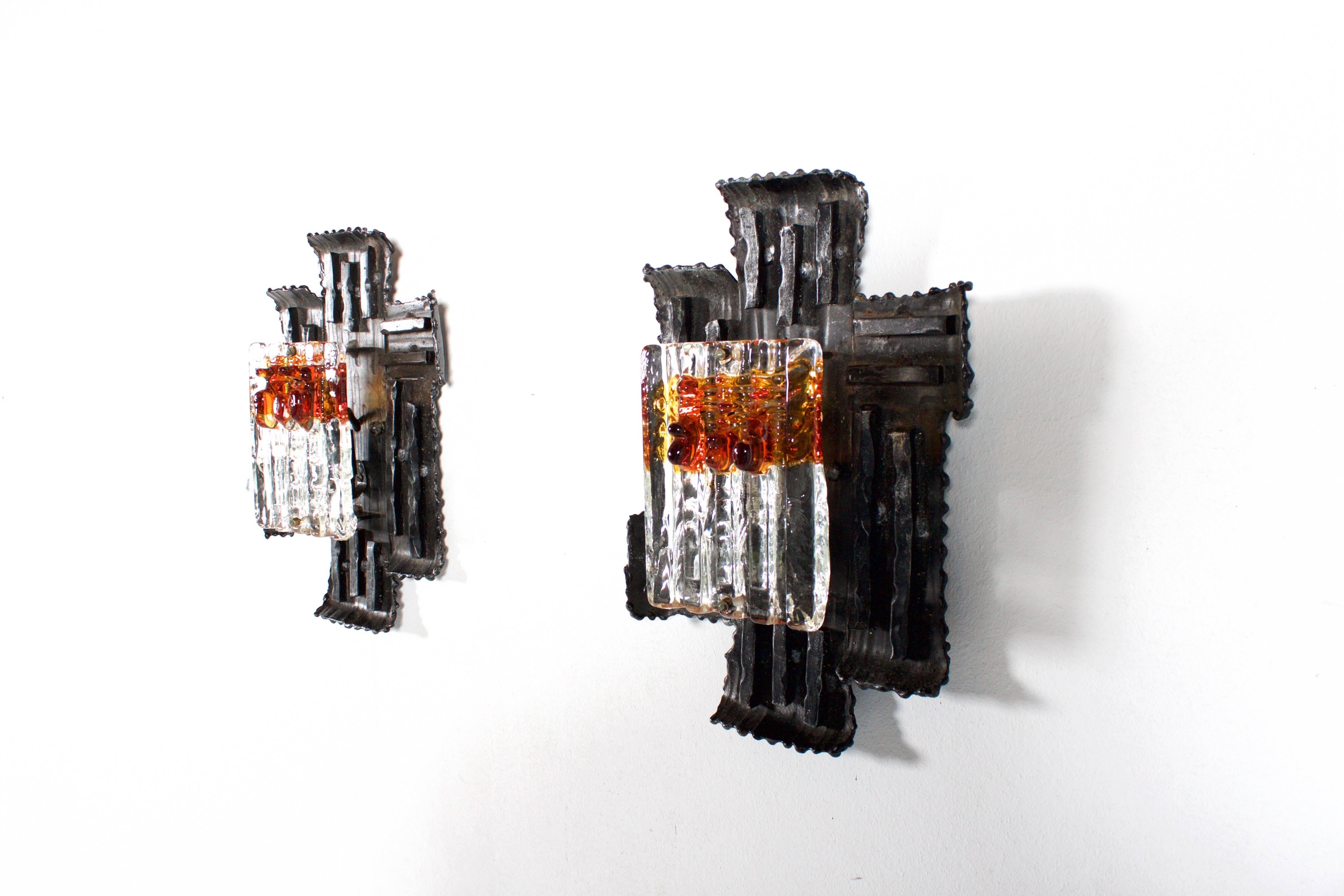 Glass Pair of Swedish Brutalist Sconces by Tom Ahlström and Hans Ehrich, 1970s For Sale