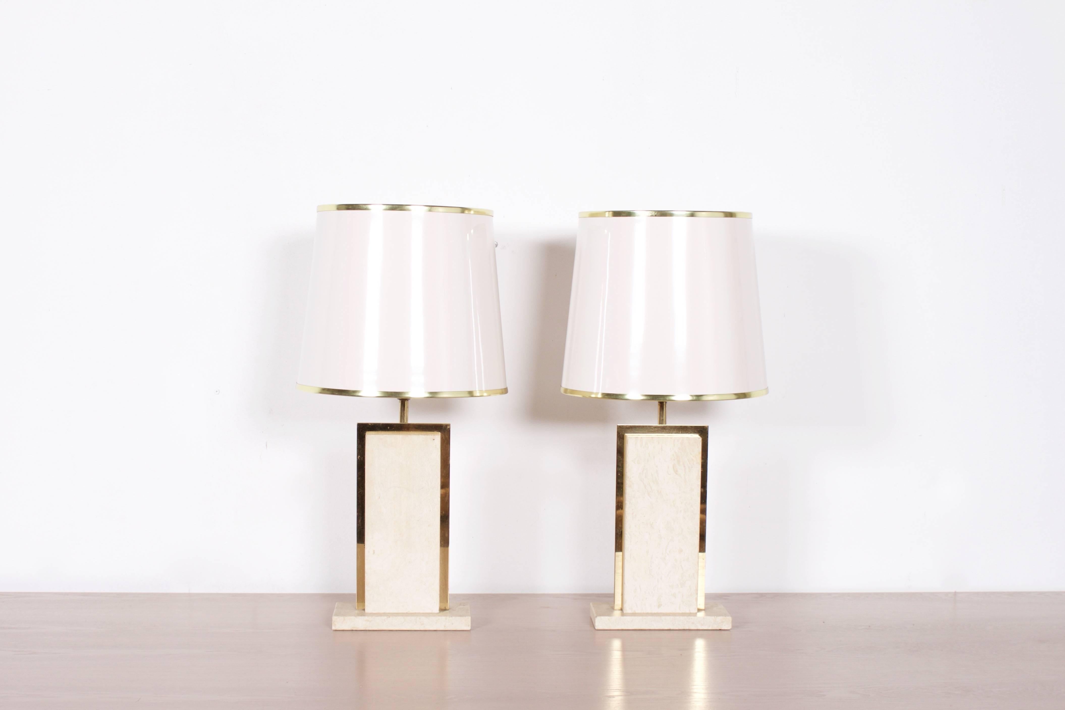 Hollywood Regency Two Travertine Table Lamps by Willy Rizzo, 1970s