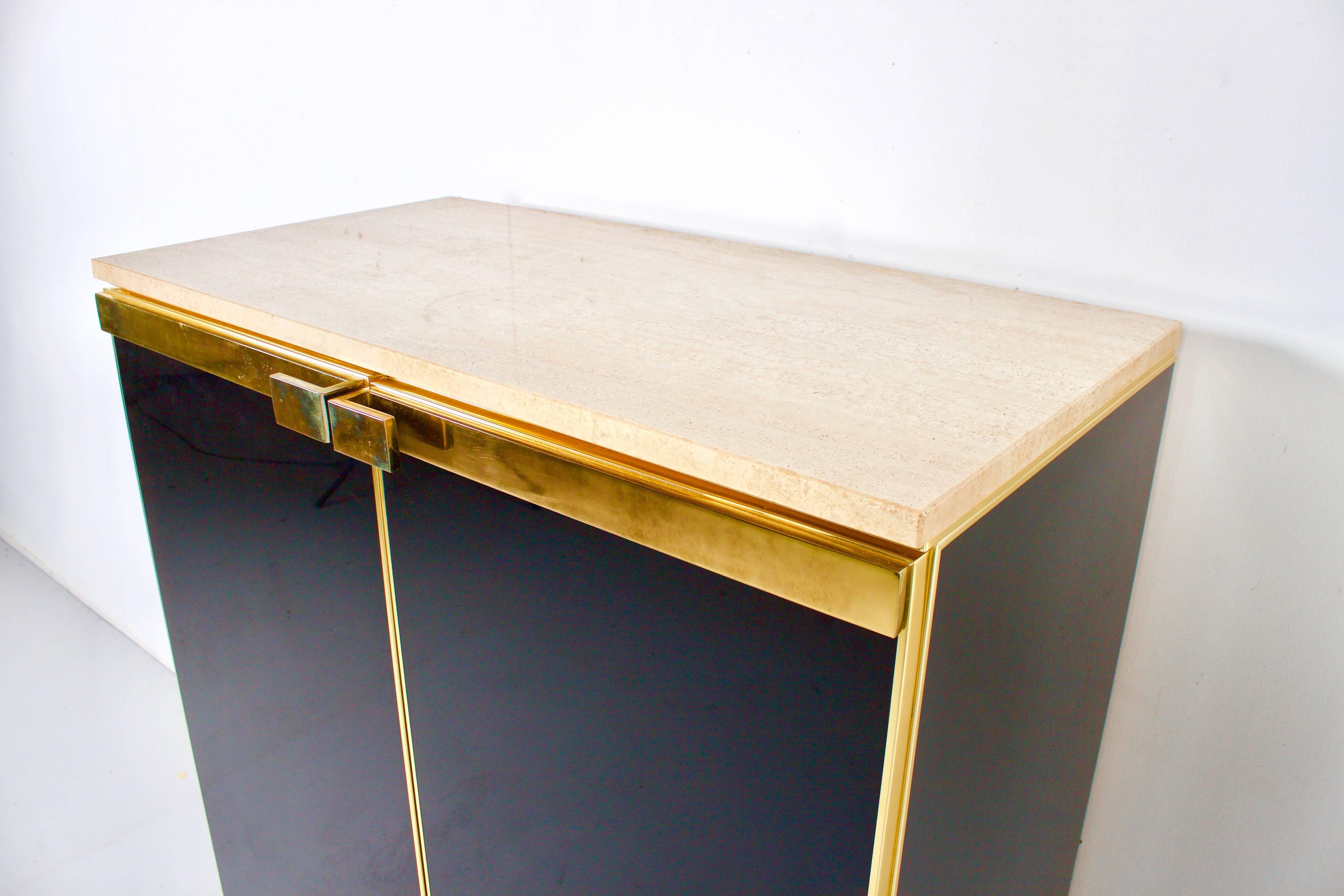 French 1970s Brass, Travertine and Black Lacquered Cabinet