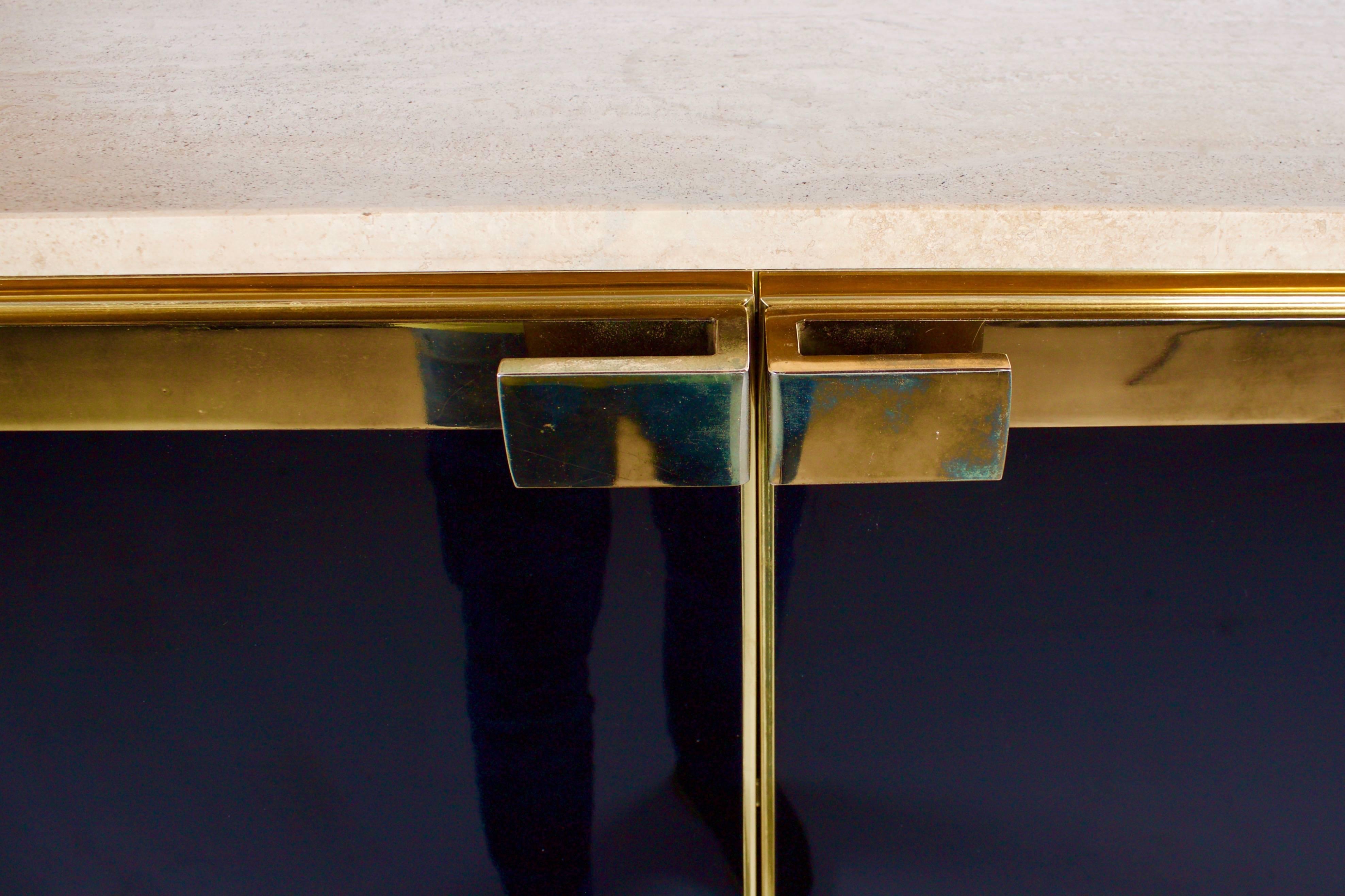 1970s Brass, Travertine and Black Lacquered Cabinet In Good Condition In Echt, NL