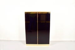 1970s Brass, Travertine and Black Lacquered Cabinet