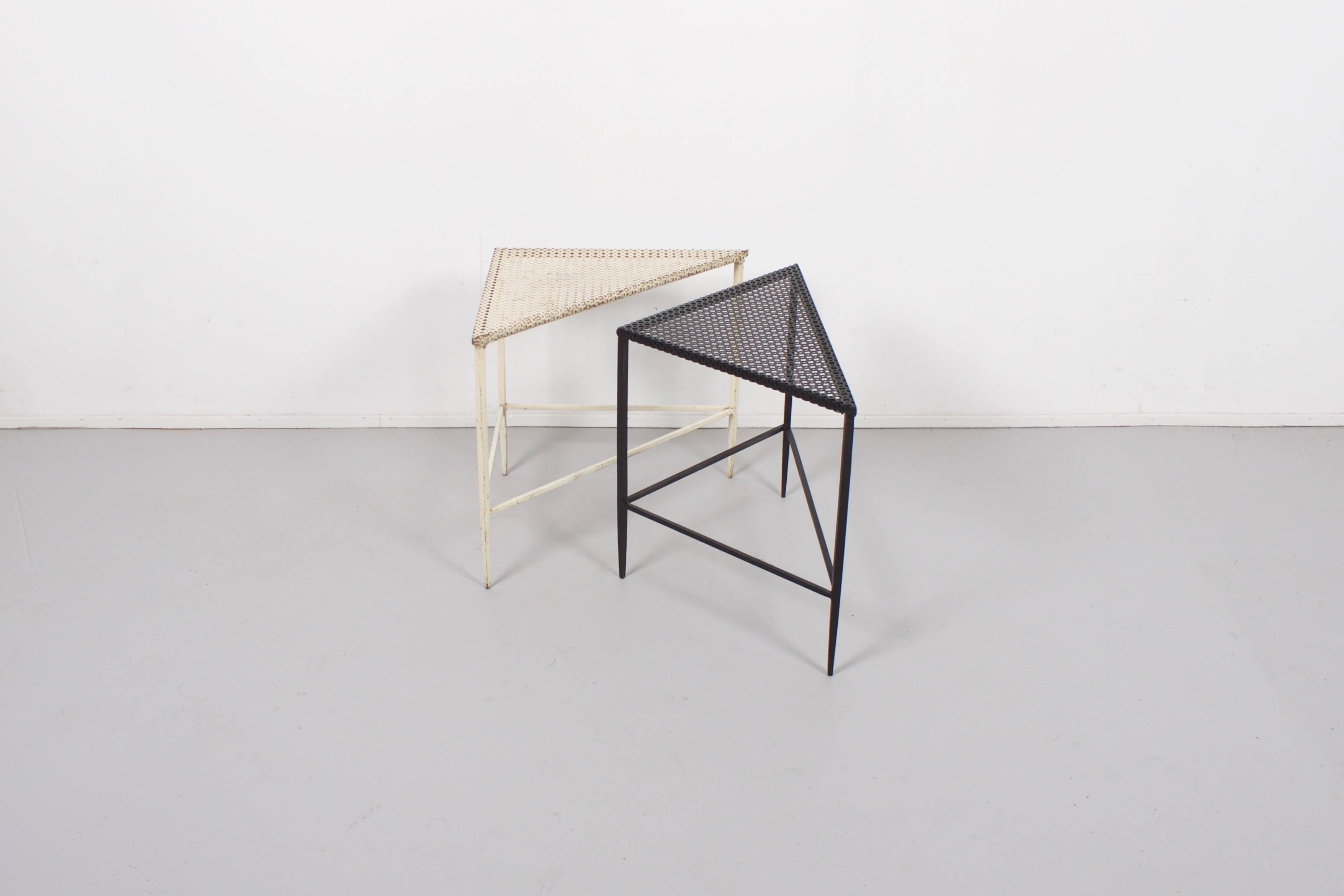 Mid-Century Modern Pair of Triangular Mathieu Matégot Tables for Artimeta, 1950s