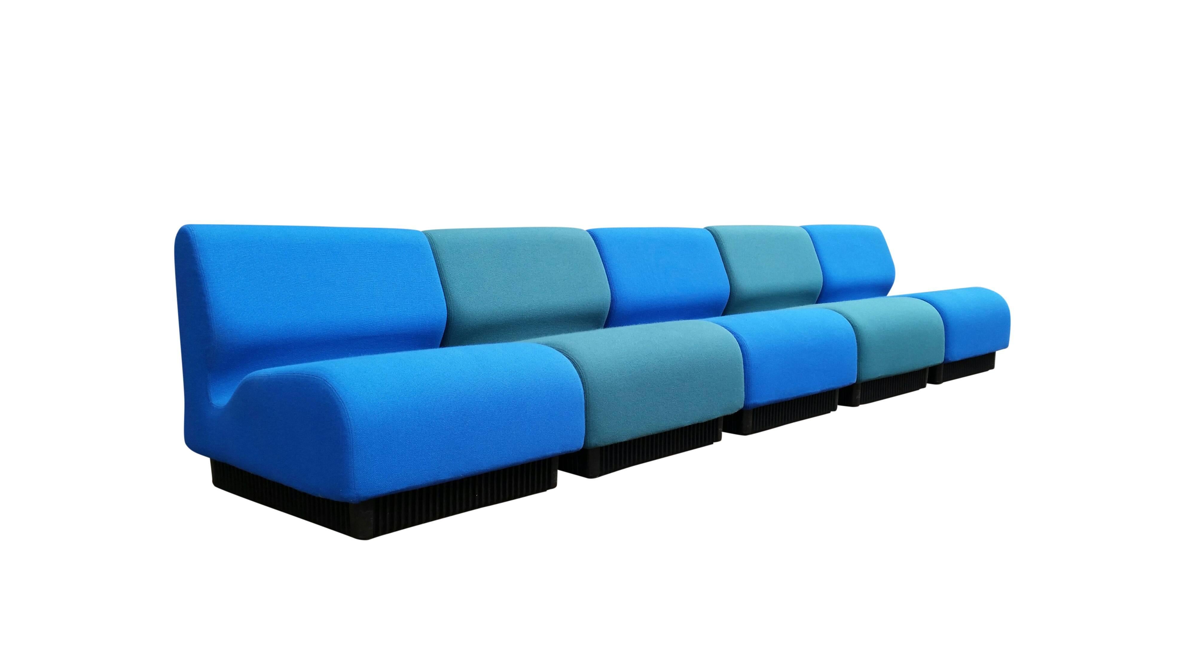 Beautiful 1975 Don Chadwick sofa for Herman Miller.

Reupholstered in a gorgeous green and blue Kvadrat fabric.

The elements sit on a black molded base. 

This sofa consists of five elements and therefor is completely modular.
You can link