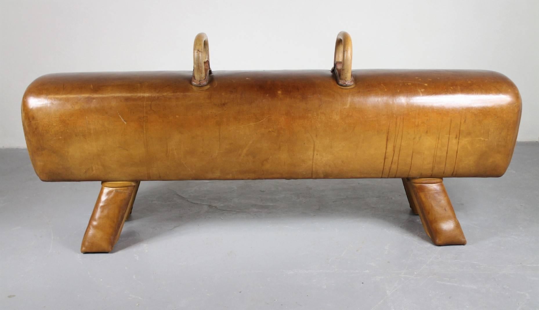 Leather gym pommel horse with handles and leather covered wooden legs, made in the 1950s. It is in its good original condition with nice patina.