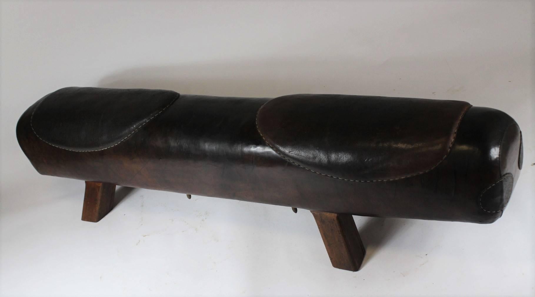 Leather gym pommel horse from the 1940s with two leather patches - seats. Thick leather, nice patina.