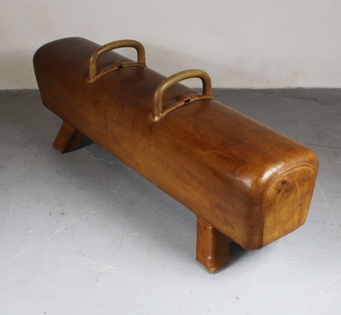 Leather gym pommel horse with handles from the 1940s. It is in very good original condition.