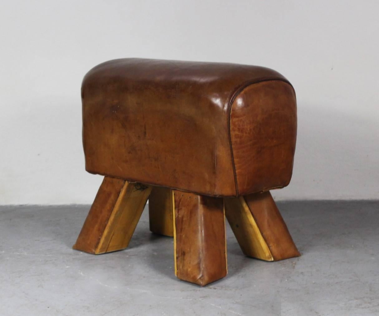 Vintage leather gym stool from the 1930s, leather legs. It is in its very good original condition.