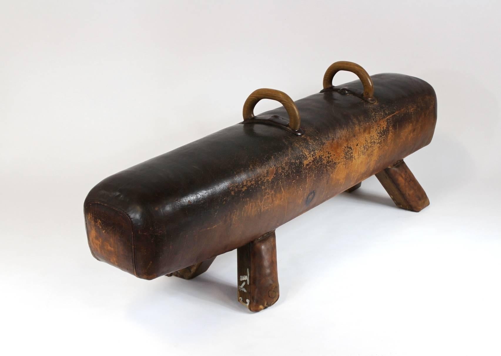 Leather gym pommel horse with oak handles made in the 1920s in Germany. 

Measurements of the leather seat: 173 cm L, 34 cm W.