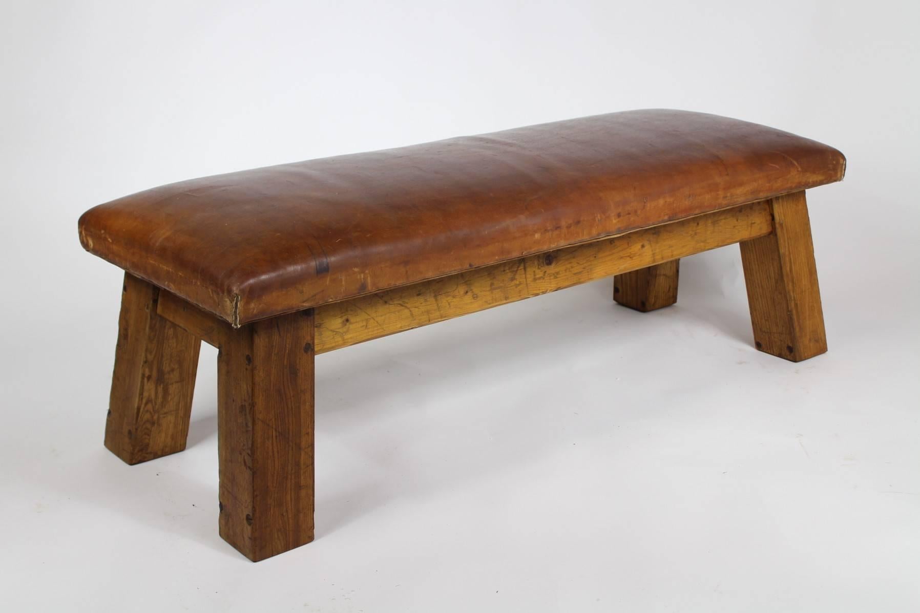 Leather gym bench from the 1950s. It is in very good original condition with nice patina.