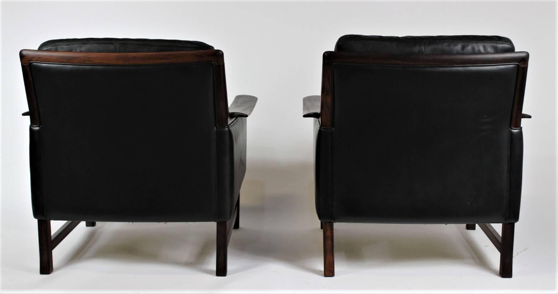 Danish Pair of Black Leather Minerva Club Chairs by Torbjørn Afdal for Bruksbo, 1960s