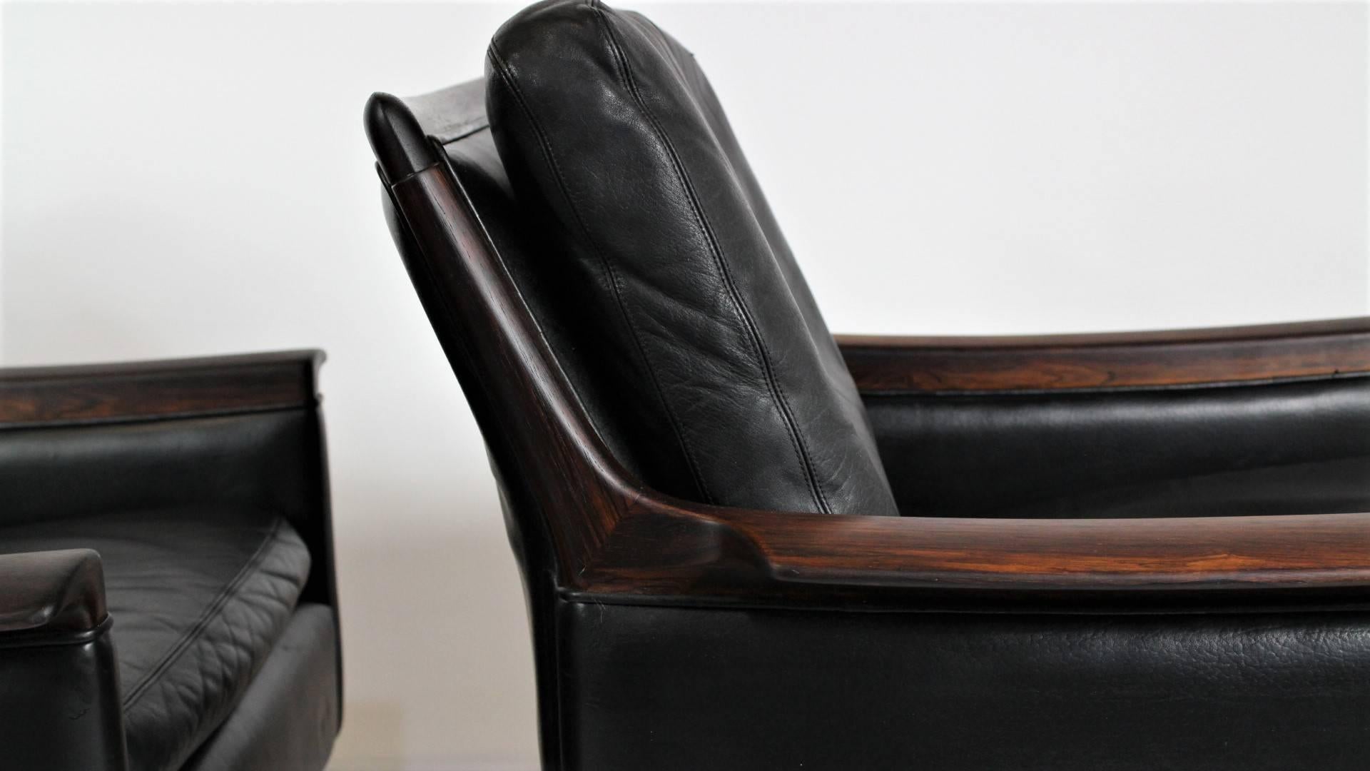 Scandinavian Modern Pair of Black Leather Minerva Club Chairs by Torbjørn Afdal for Bruksbo, 1960s
