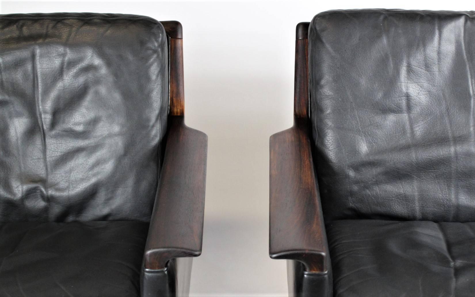 Pair of Black Leather Minerva Club Chairs by Torbjørn Afdal for Bruksbo, 1960s In Excellent Condition In Cimelice, Czech republic
