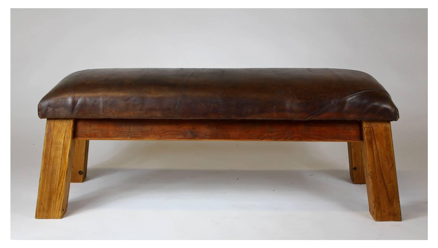 Leather gym bench from the 1940s. The bench is in its good original condition with great patina.
