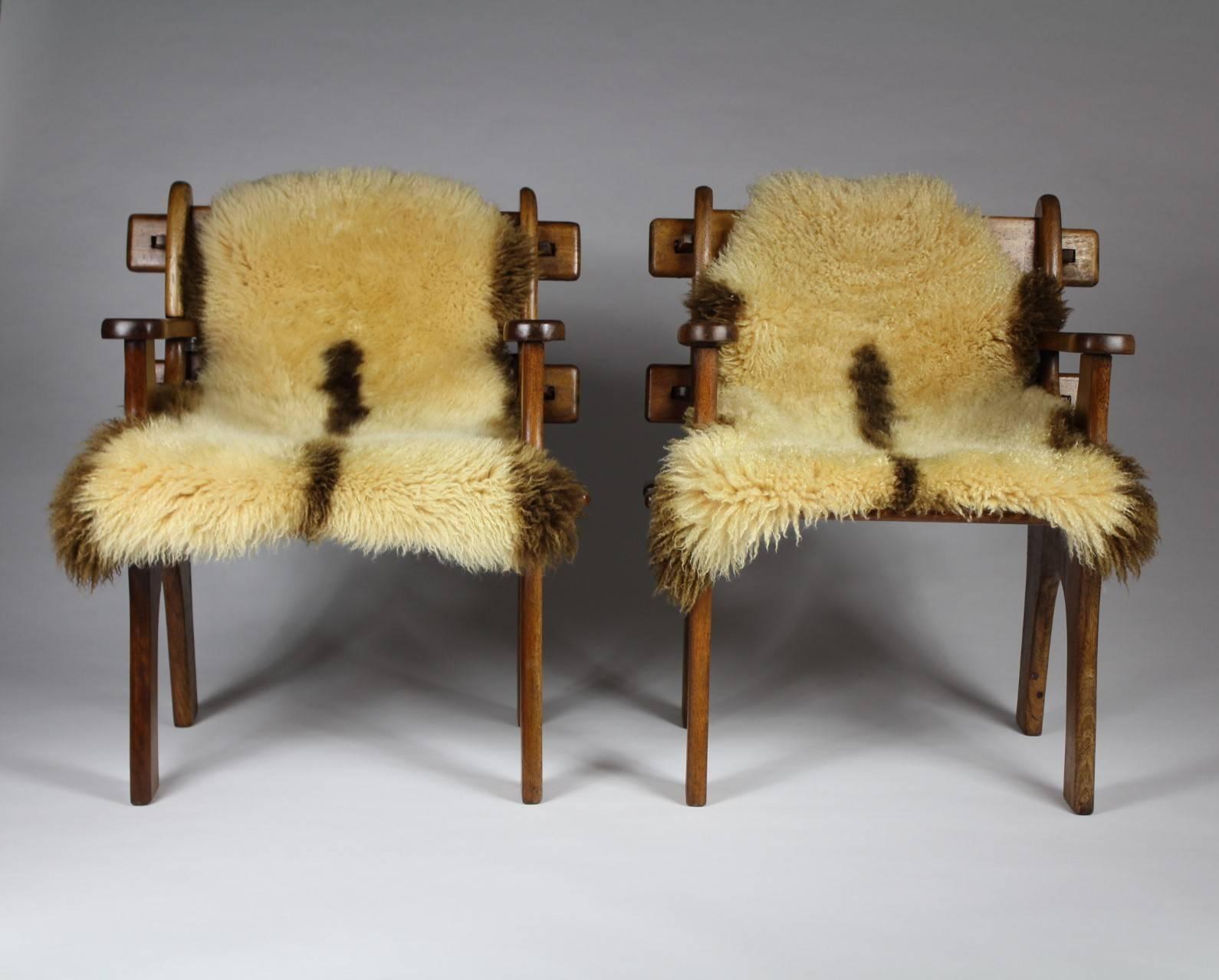 Scandinavian Modern Pair of 1960s Scandinavian Teak Armchairs with Sheepskin