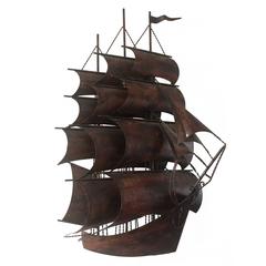Brutalistic Backlit Metal Boat, Wall Sculpture, Jeré era