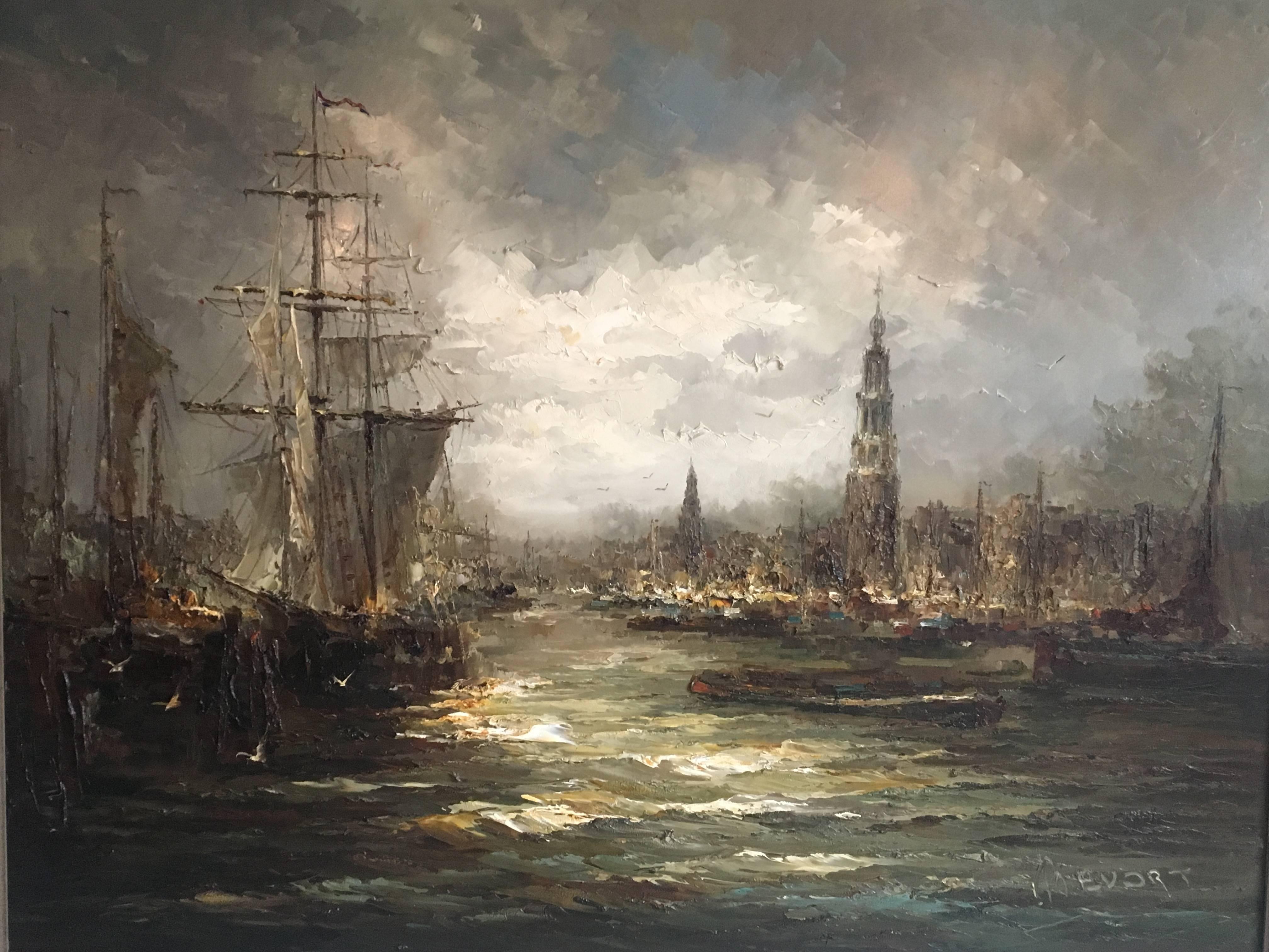 This extra large painting was created by John (Johannes, Hubertus) Be´vort, from the Netherlands. It features a maritime or harbour scene and was painted with dark colors showing a rough weather scene. Seagulls complete it, together with upcoming